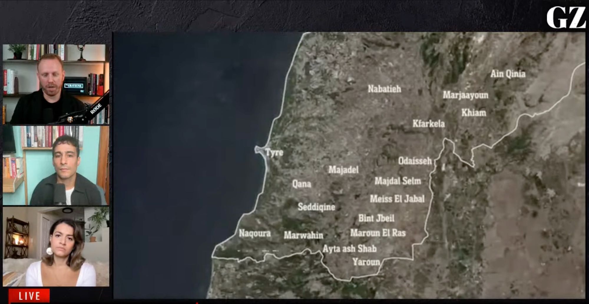 Max Blumenthal, Aaron Mate, Anya Parampil on the Grayzone Live, screenshot shows maps of southern Lebanon