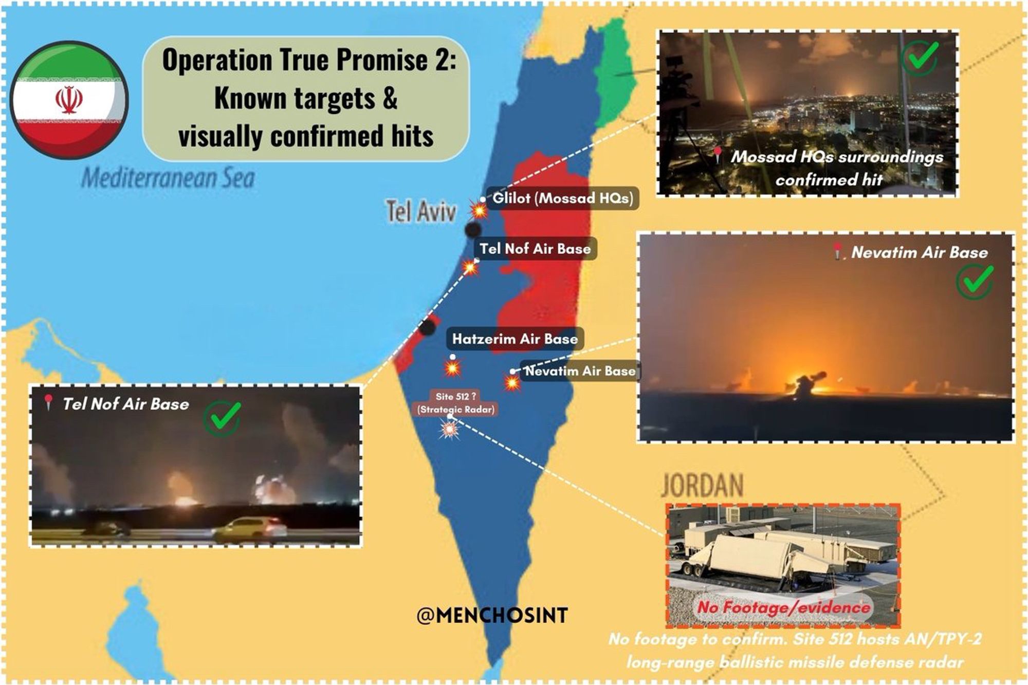 Iran's Operation True Promise 2: Known targets and visually confirmed hits (infographic with map)