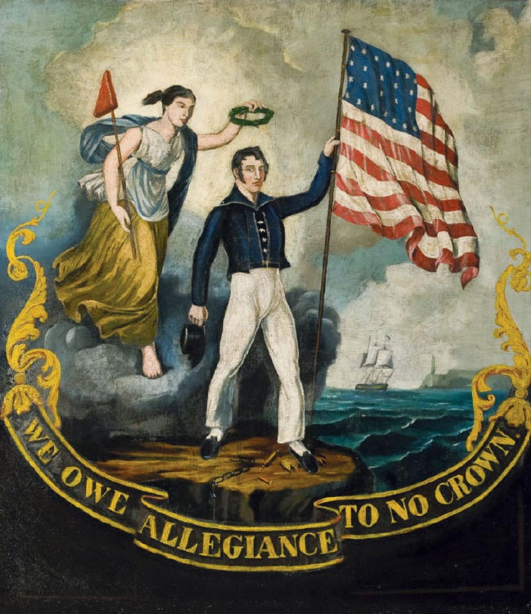 Painting of a jaunty lad holding an early American flag while a symbolic lady puts a laurel on his noggin. It reads “WE OWER ALLEGIANCE TO NO CROWN”