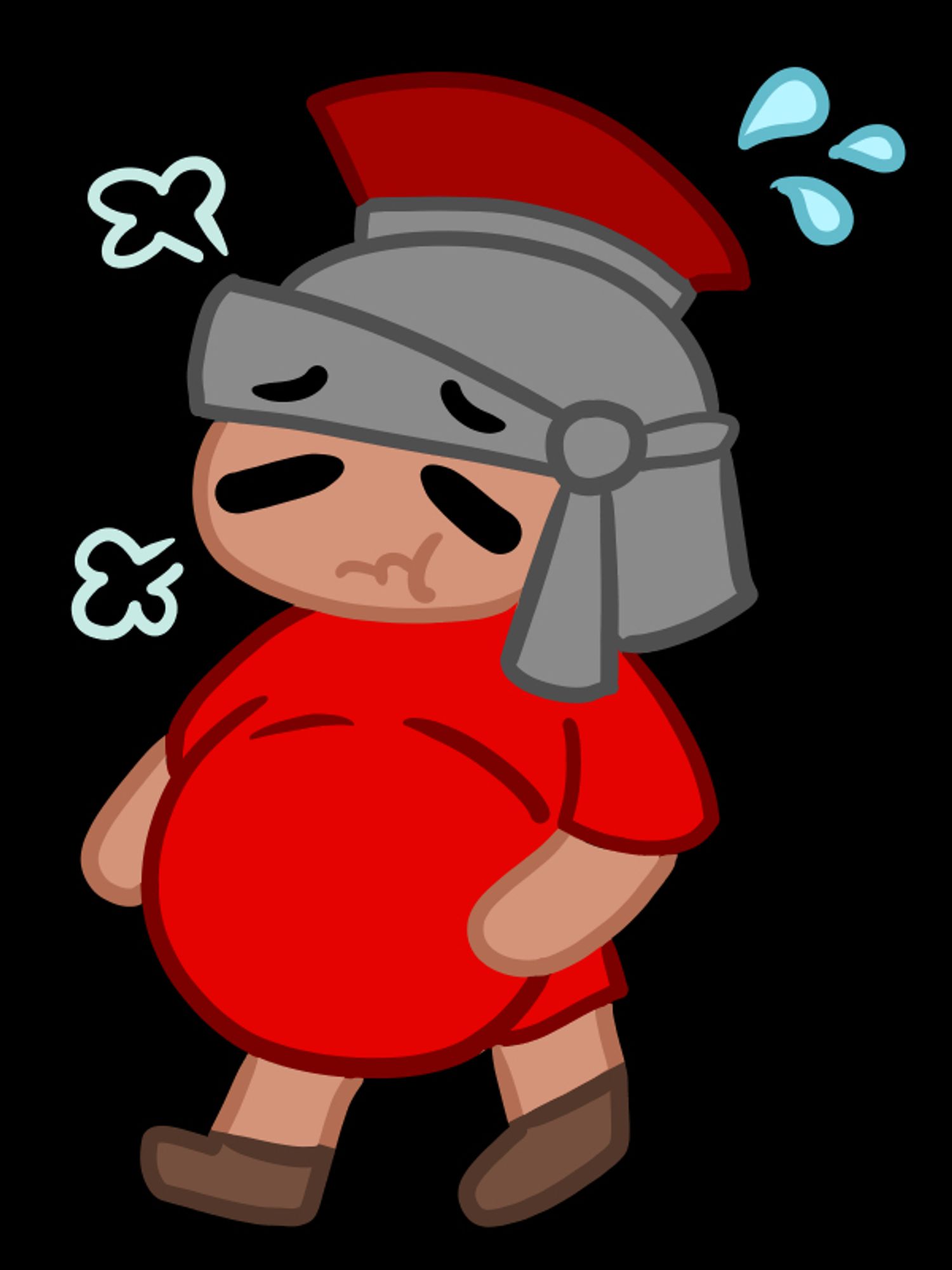 a chibi roman centurion in a galea and red tunic. he has a very large belly that makes it difficult for him to walk.