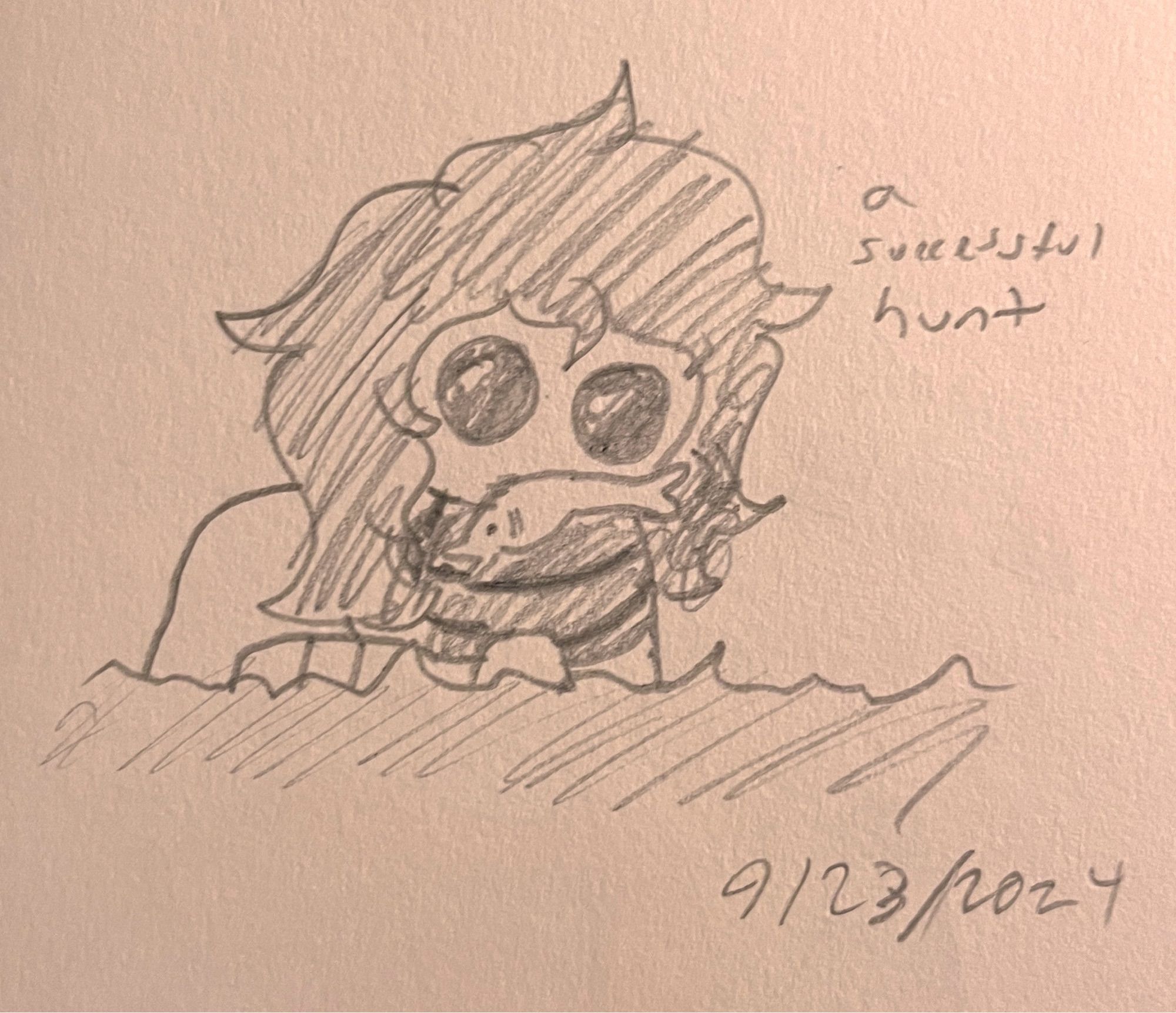 a pencil drawing of a tbh creature standing in a river. he holds a fish in his mouth. he has long black hair and a striped sweater. text next to him says “a successful hunt”. dated 23 september 2024.