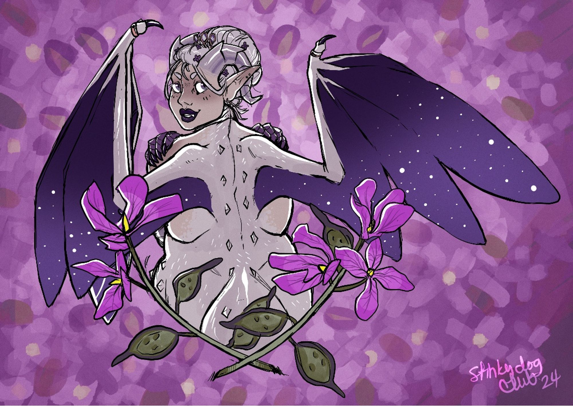 A feminine humanoid dragon with silver hair, horns, and scales stands looking over her shoulders with a cheeky smile. Areas not covered in scales show a purpleish grey skin color and she wears purple flowers in her hair, which is tied up in a large bun. She shows off her wings that look insect like with a purple gradient and stars littering them toward the bottom where they are lighter. At her hips two blooms of lunaria flowers cross to frame her.