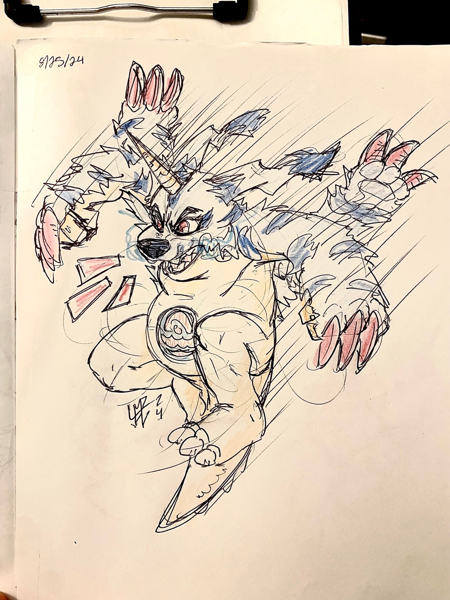 Photo of a pen and colored pencil drawing of Gabumon. He's dropping down fast readying his Blue Blaster, better get out of the way!

#artofwerelemurs #traditionalart #traditionalsketch #pensketch #pencilsketch #gabumon #digimon #digimonart #fanart