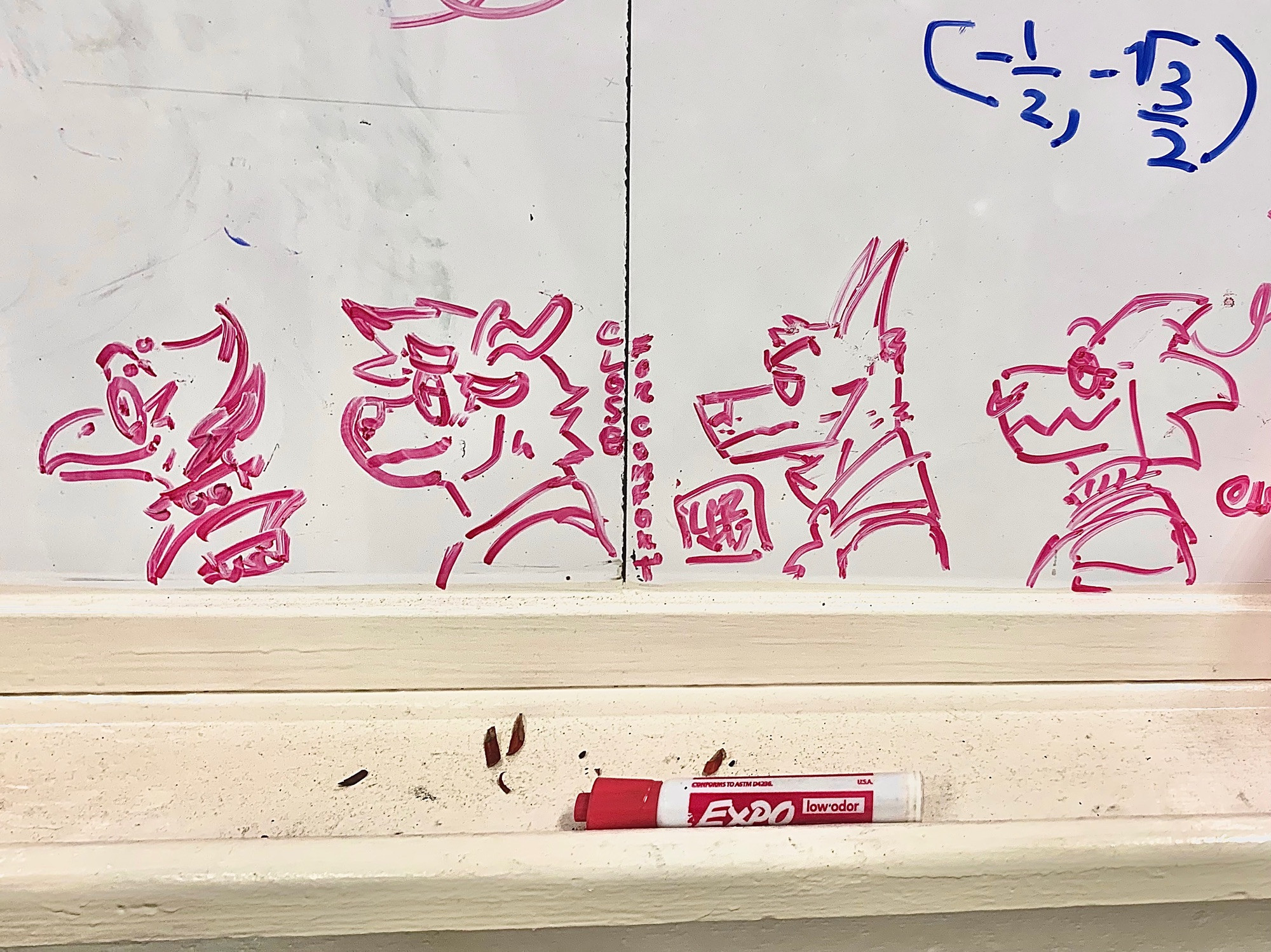 Photo of a whiteboard drawing of my characters in a classroom board. From left to right is Tobias, Buck, Phil, and Laz from my story, Close for Comfort.

#artofwerelemurs #closeforcomfort #c4c #tobiasc4c #buckc4c #philc4c #lazc4c #furry #furryart #whiteboarddrawing #originalstory #originalcharacter #characterdesign