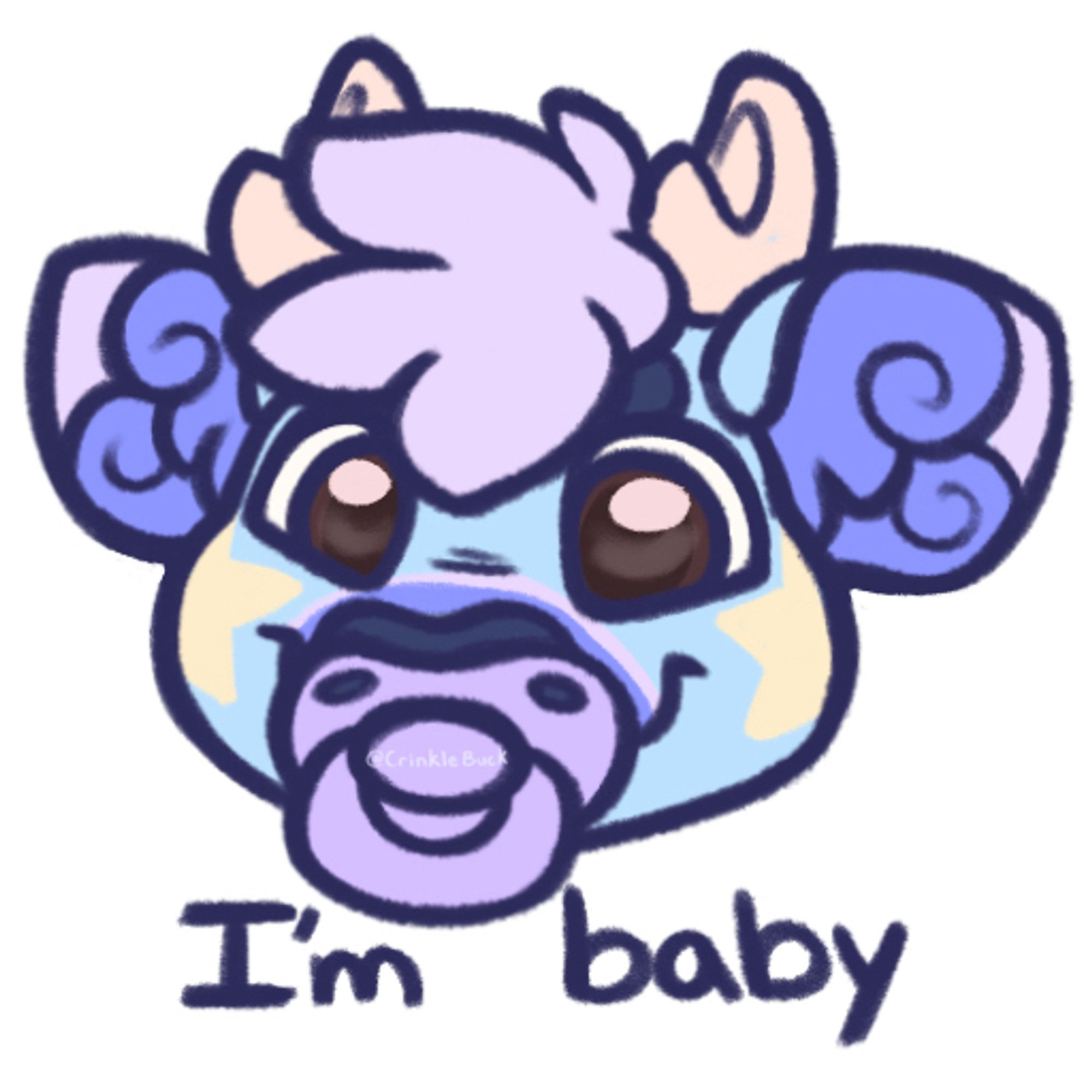 The telegram sticker is of kidfur Lavender with a pastel purple pacifier. The text below says "I'm baby"