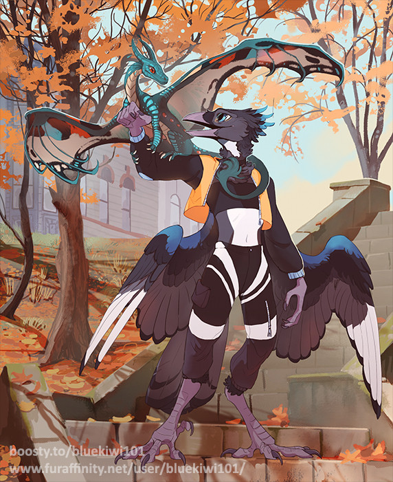 An anthro magpie with a small dragon perched on their forearm, the background is a city in autumn.