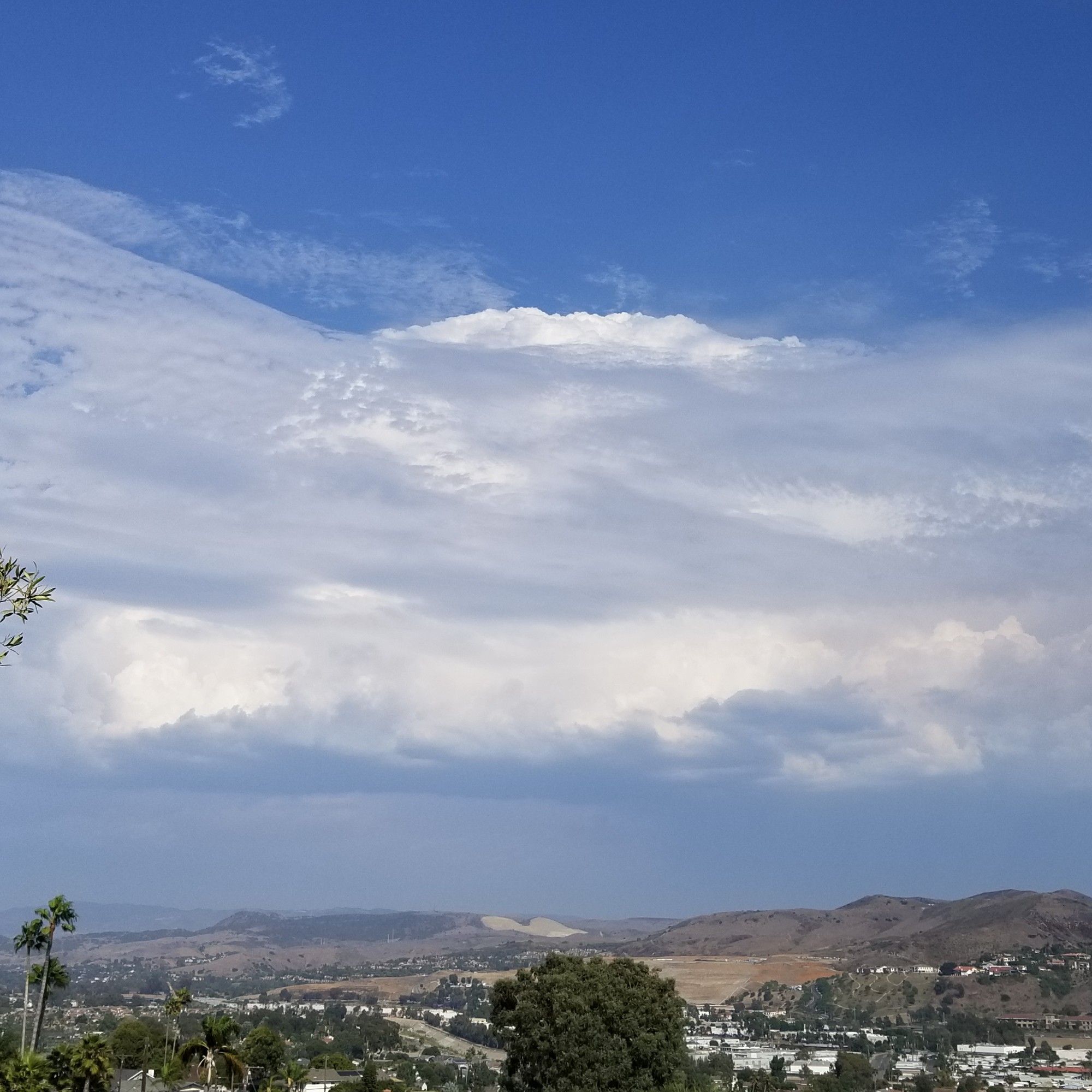 Thundercloud against a blue sky over a southern California landscape.