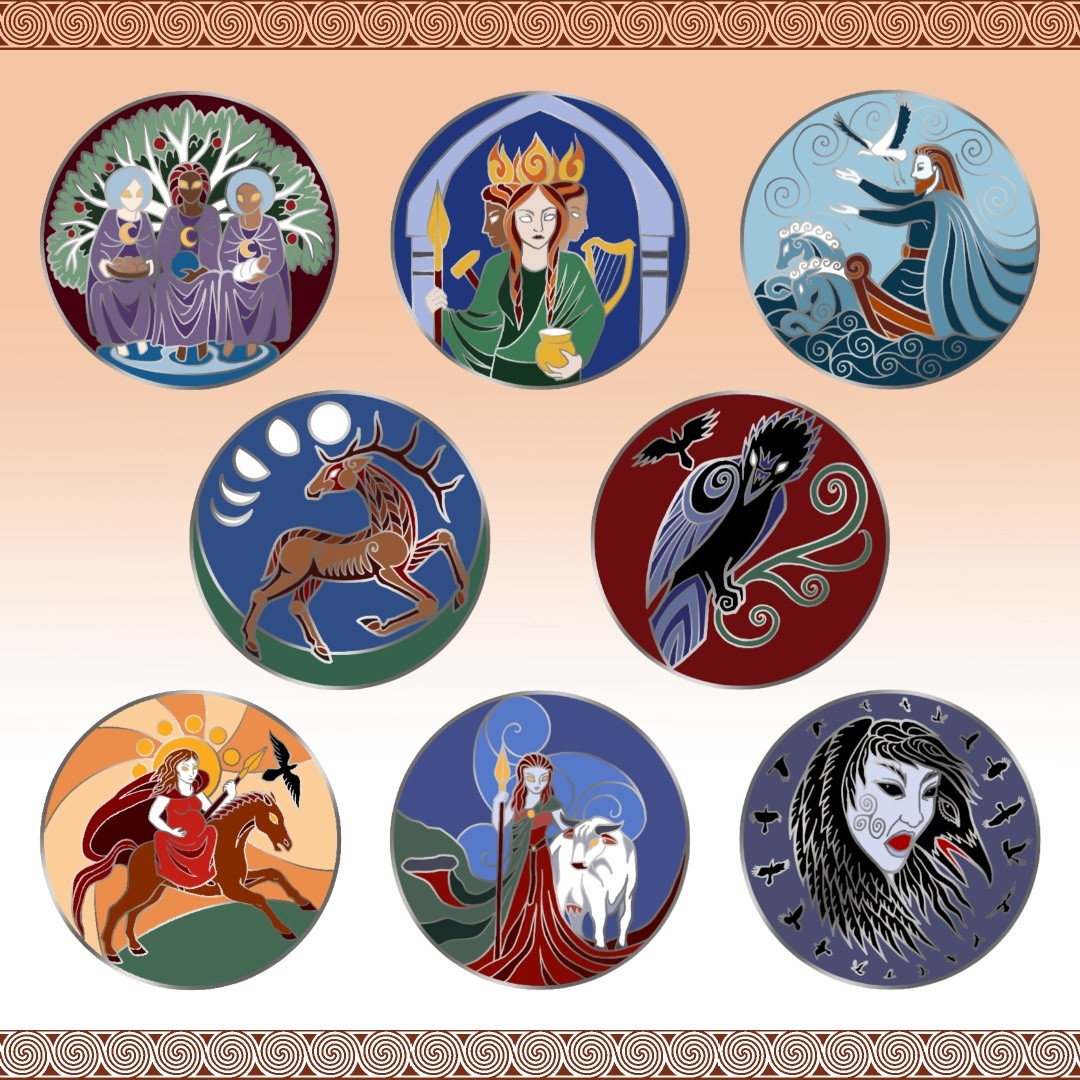 Eight colorful digital mockup designs for circular pendants with various Celtic gods and animal figures on them: The Matronae, Brigid, Manannán, Macha, the Morrígan, Badb Catha, Raven, and Stag.