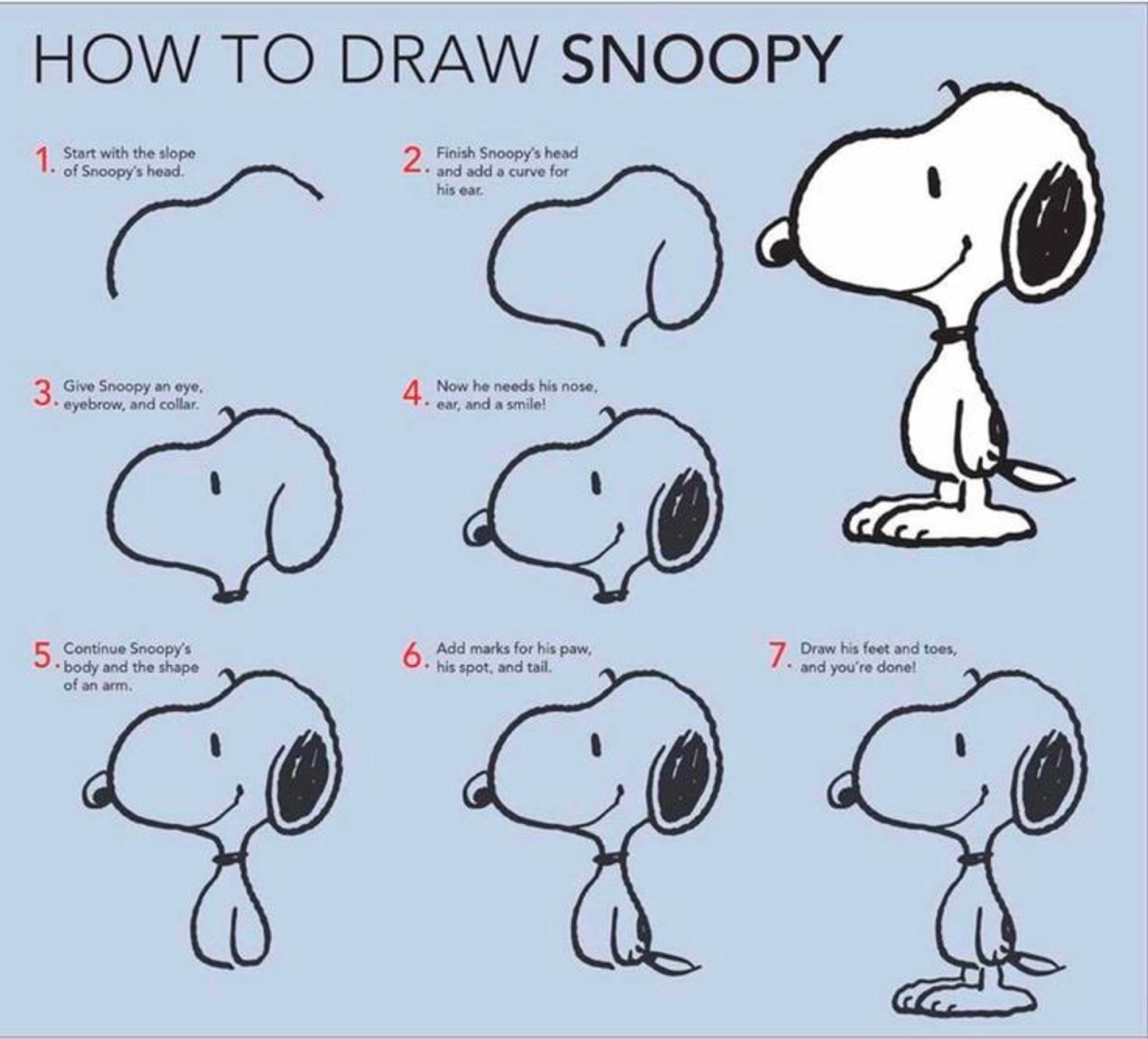 A diagram showing how to draw Snoopy. I am having trouble figuring out how to describe the pictures so I will simply transcribe the text in the image.
1. Start with the slope of Snoopy's head
2. Finish Snoopy's head and add a curve for his ear.
3. Give Snoopy an eye, eyebrow, and collar.
4. Now he needs his nose, ear, and a smile!
5. Continue Snoopy's body and the shape of an arm.
6. Add marks for his paw, his spot, and tail.
7. Draw his feet and toes, and you're done!