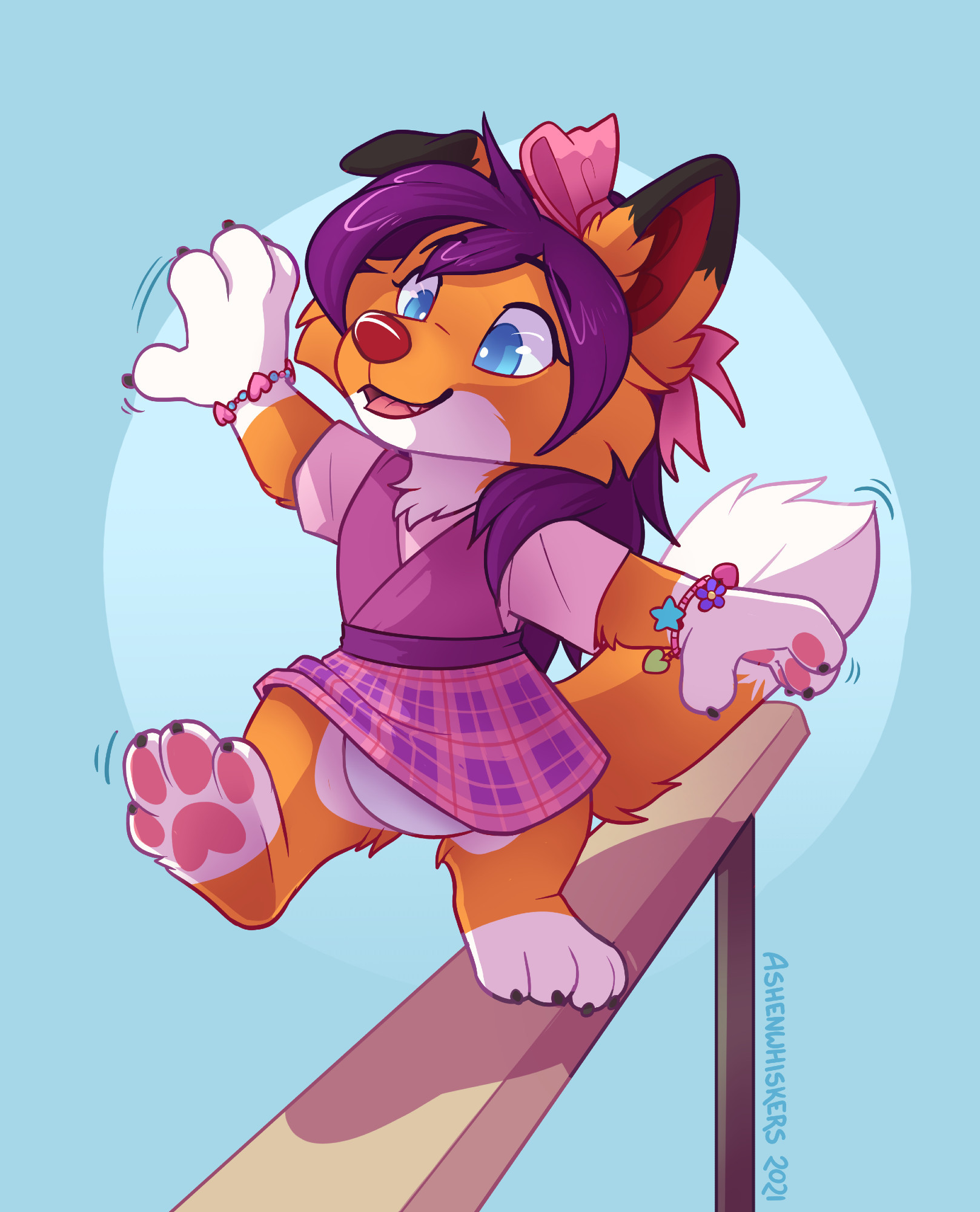 Zoe shakily walks across a balance beam, holding her arms out so she doesn't fall over.

She is wearing a pink, plaid school uniform. She has charm bracelets on her wrists and a large pink bow in her hair.