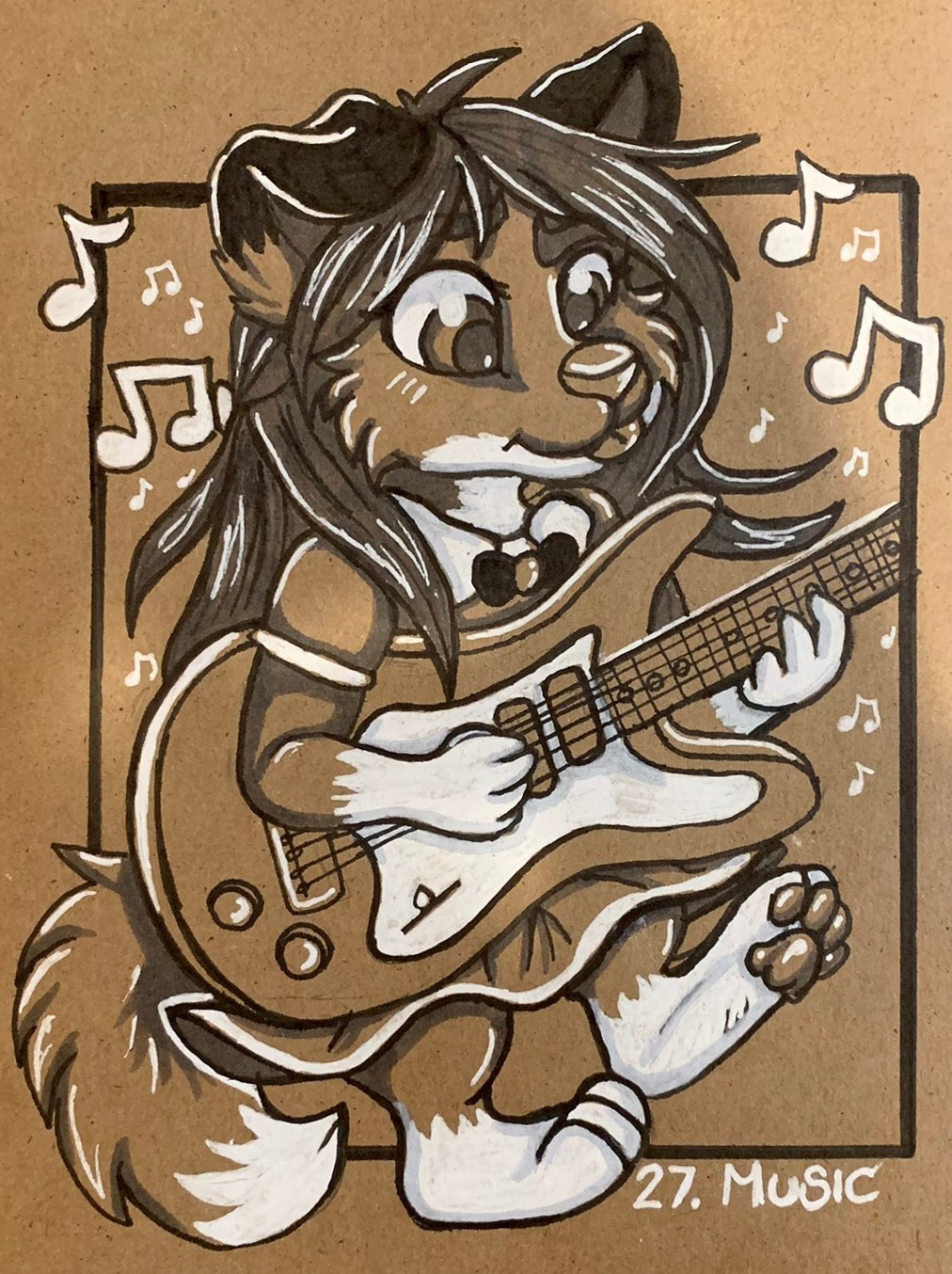 A black and white ink drawing of Zoe playing a stratocaster style electric guitar that's almost as big as she is. Music notes float around her and her tongue is slightly stuck out as she strums the chord.

The drawing is on a notebook with brown pages.