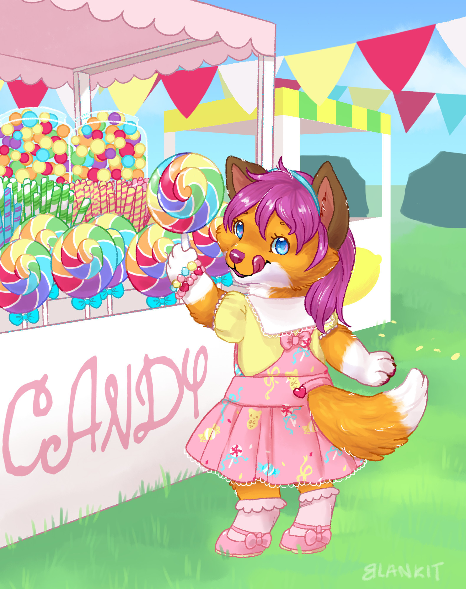 Zoe holds up a rainbow lollypop at a candy stand at a fairground. She looks back at the viewer while licking her chops.

She is wearing pink skirtalls with candy and ribbon art on it, a yellow ruffled shirt, a blue headband, and colorful heart breacelets.