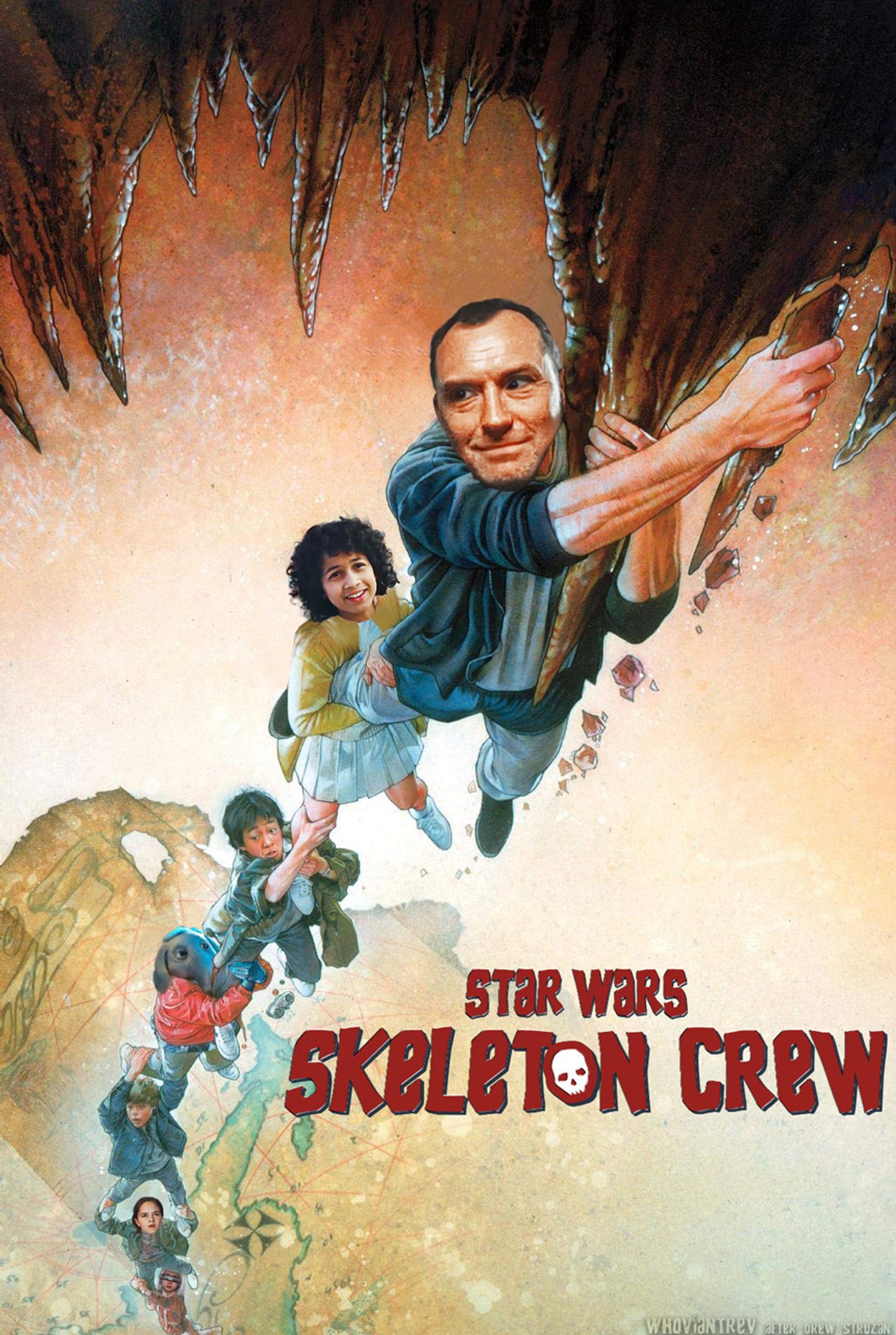 Depicted is my attempt at a Star Wars: Skeleton Crew/Goonies movie poster mashup (after legendary movie poster artist Drew Struzan). The heads of Star Wars: Skeleton Crew actors have been superimposed over the heads of select characters in the Goonies movie poster.