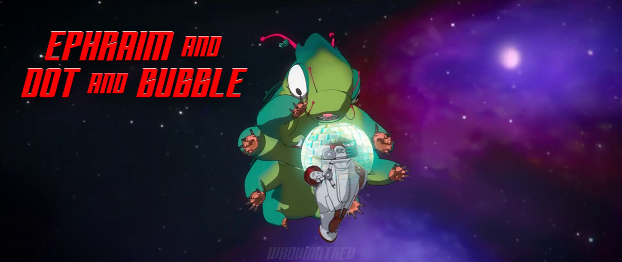 Depicted are the Star Trek: Short Treks characters Ephraim and DOT. Ephraim, who bears a slight resemblance to the Man Trap slugs from the Doctor Who story Dot and Bubble, appears to be about to grab DOT from behind. DOT is oblivious to what's happening on account DOT is completely immersed in a spherical bubble social media browser similar to the ones featured in the Doctor Who episode Dot and Bubble.