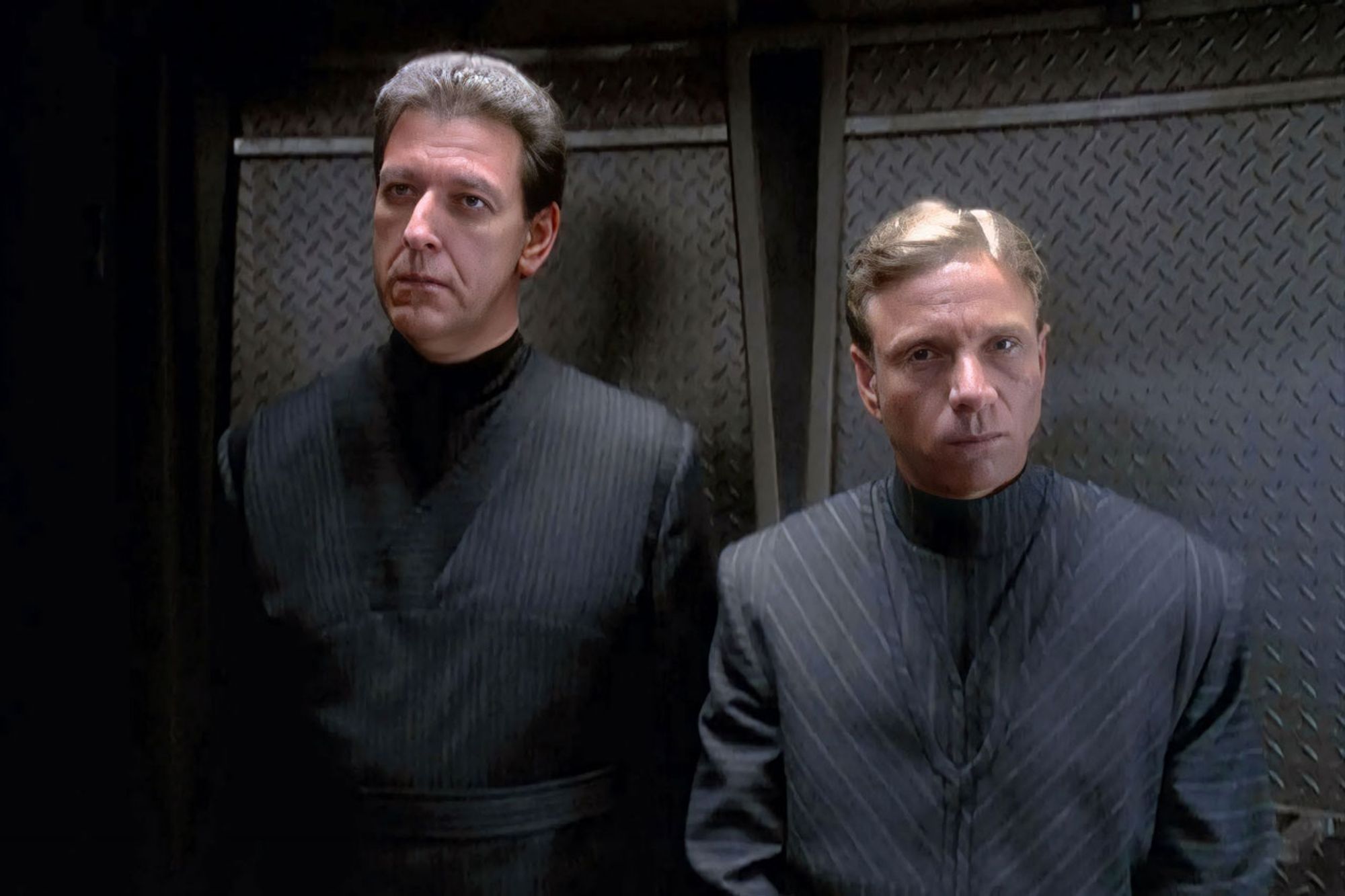 Depicted are agents Dulmur and Lucsly from the Star Trek: Deep Space Nine episode Trials and Tribble-ations.