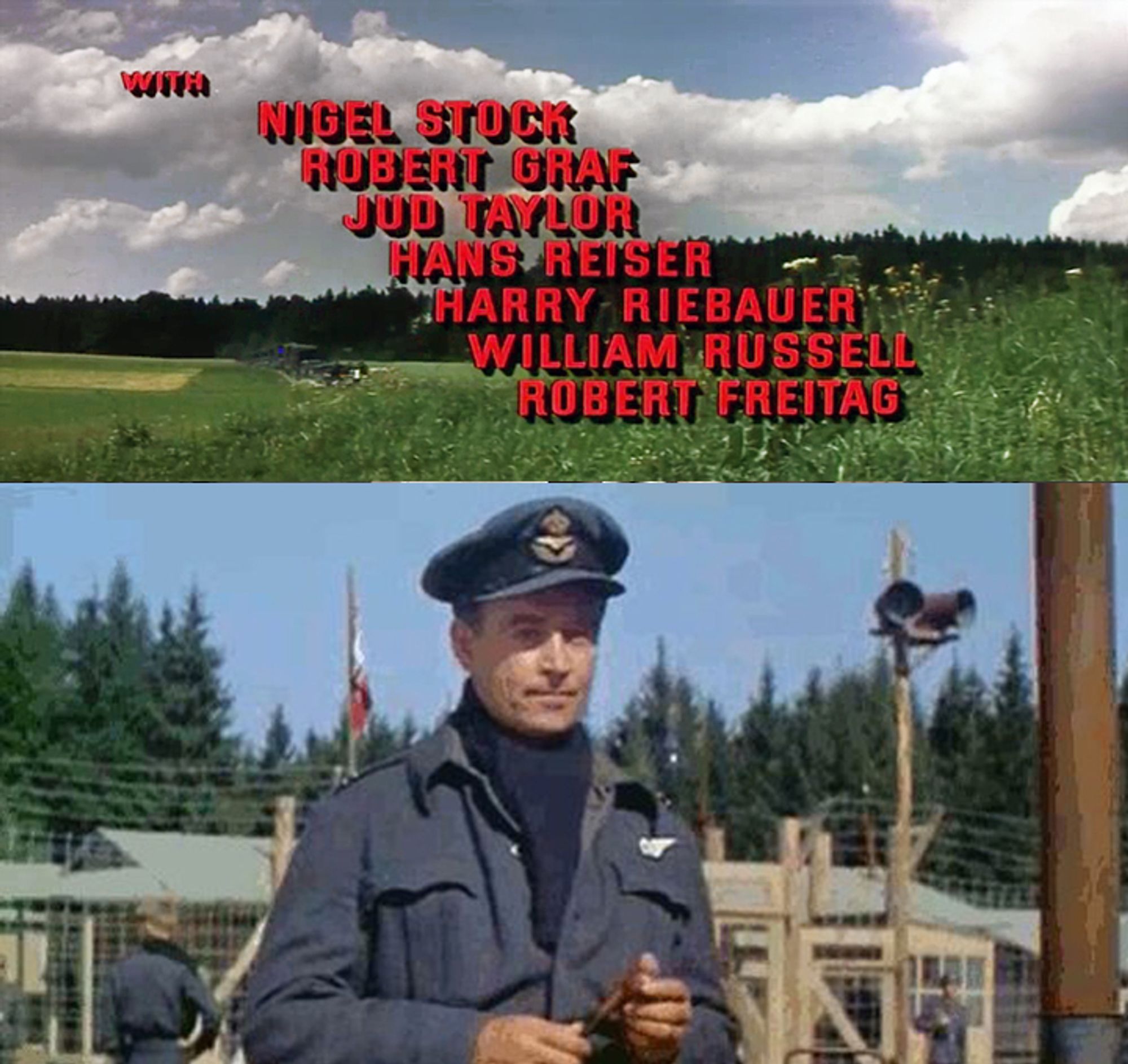 The top half of the image depicts a still from 1963's The Great Escape's end credits - specifically the credits that list William Russell, who played Sorren in that film. Later that same year, William Russell would play 1st Doctor companion Ian Chesterton on Doctor Who. Another name listed on that end credit still is Nigel Stock who played Professor Hayter in the Doctor Who story Time-Flight. Though not listed in this particular screen grab, actors Angus Lennie and Tom Adams also appeared in The Great Escape and later on Doctor Who. The bottom half of the image shows William Russell as Sorren in The Great Escape.