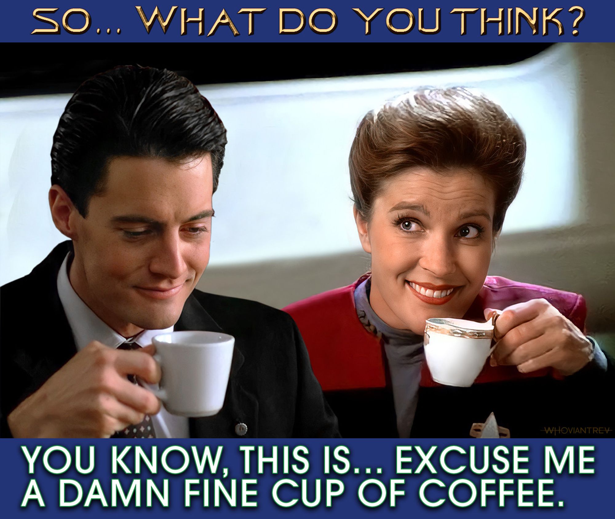 Depicted are Agent Dale Cooper and Captain Janeway savoring their respective damn fine cups of coffee.