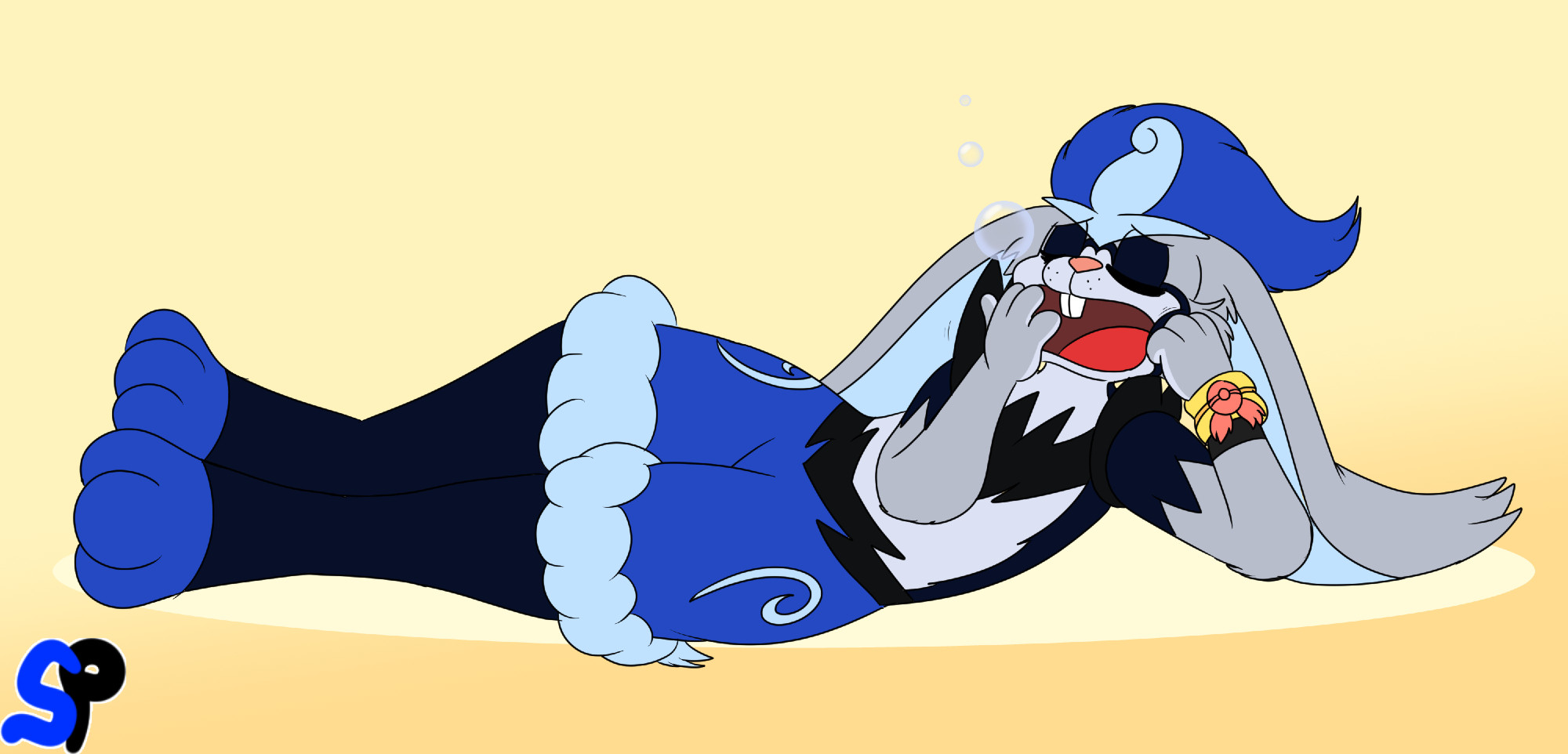 A cinderace laying down and covering her mouth while she yawns.