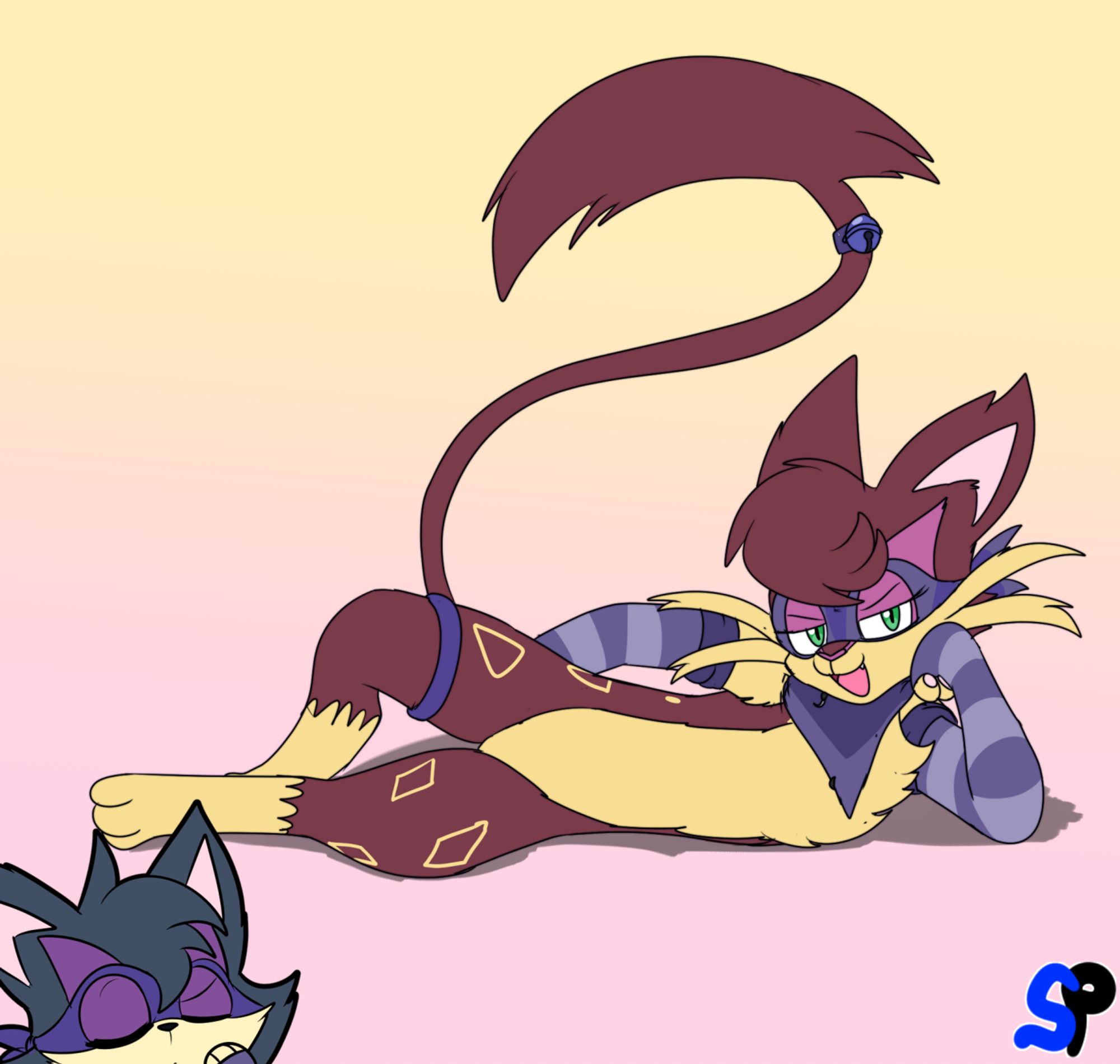 Violet Liepard Laying down posing, with Purrloin Violet in the corner pondering.