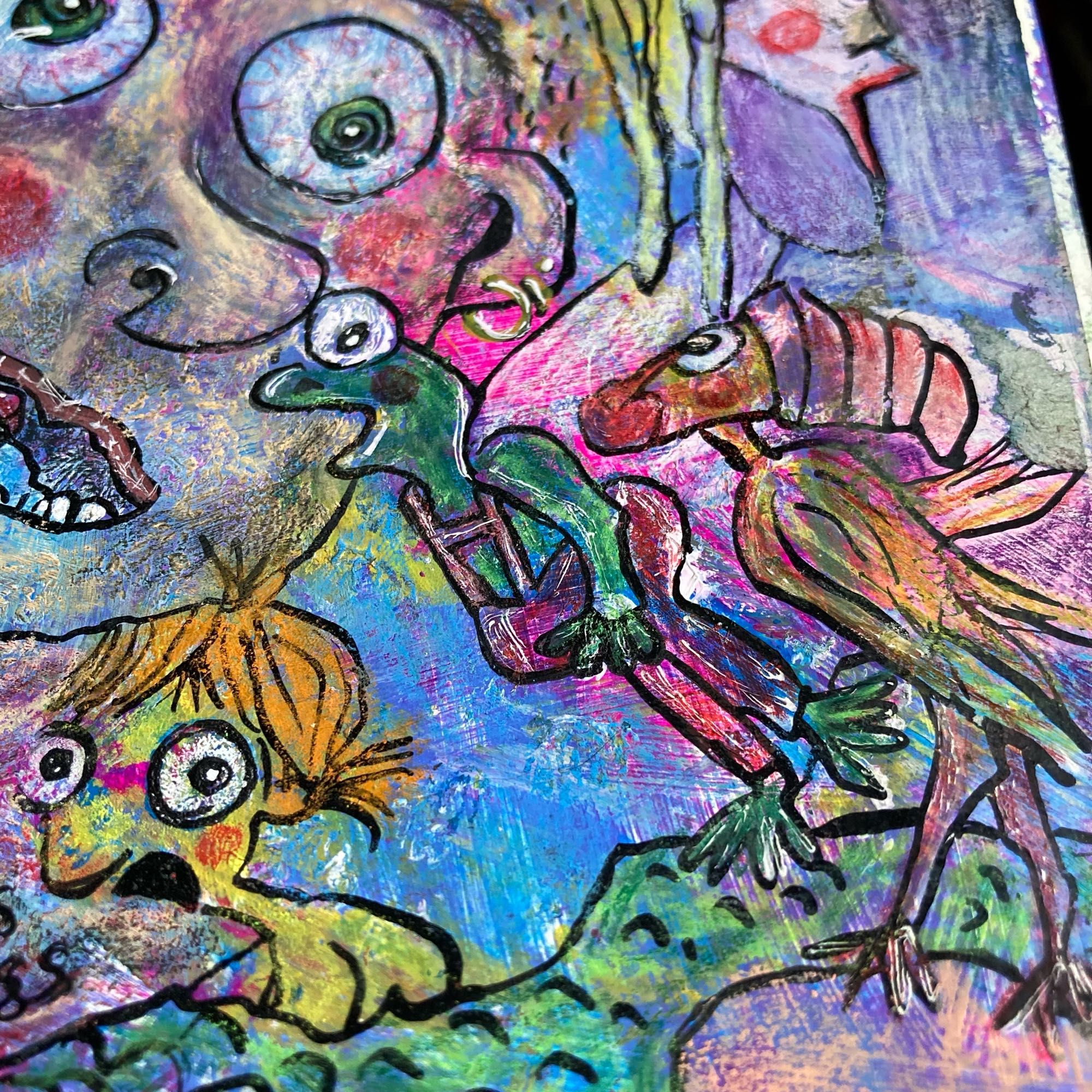 Detail vom großen Bild. Frosch, Vogel, Mädchen mit riesigen Augen.