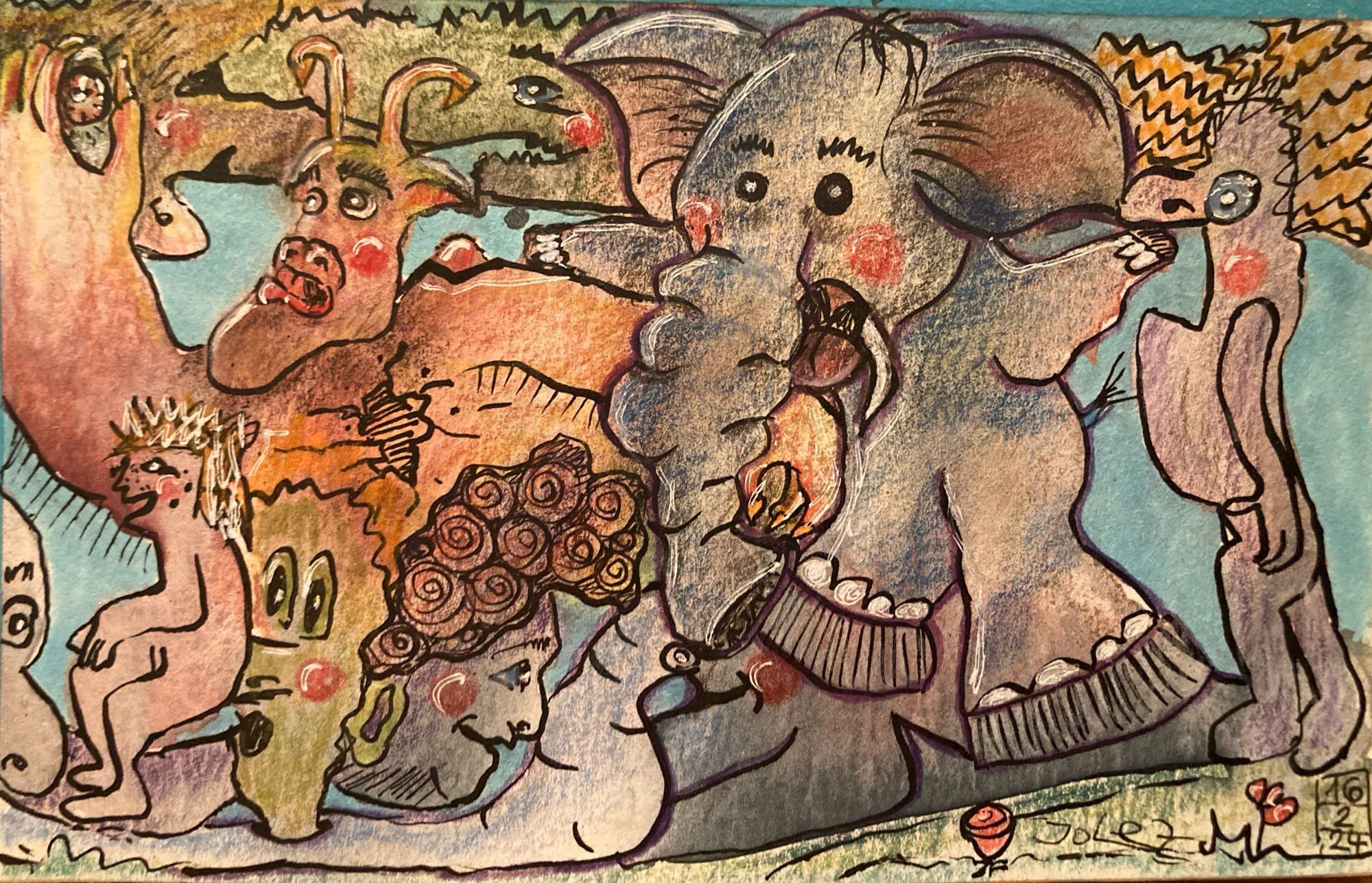 Hm. Eine Ansammlung verschiedener Kreaturen. Basierend auf Aquarell-Farbwolken, in denen ich sie gefunden habe. Viel Seltsames. Erkennbar: Elephant, Teufel/ Dämon, Krokodil, Köpfe, Figuren, ein zerquetschtes Auge.