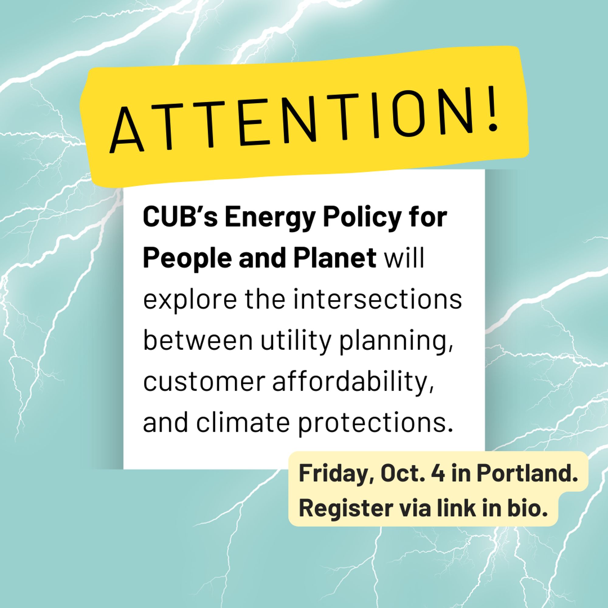 Attention: CUB’s Energy Policy for People and Planet will explore the intersections between utility planning, customer affordability, and climate protections. Friday, Oct. 4 in Portland. Register via link in bio.