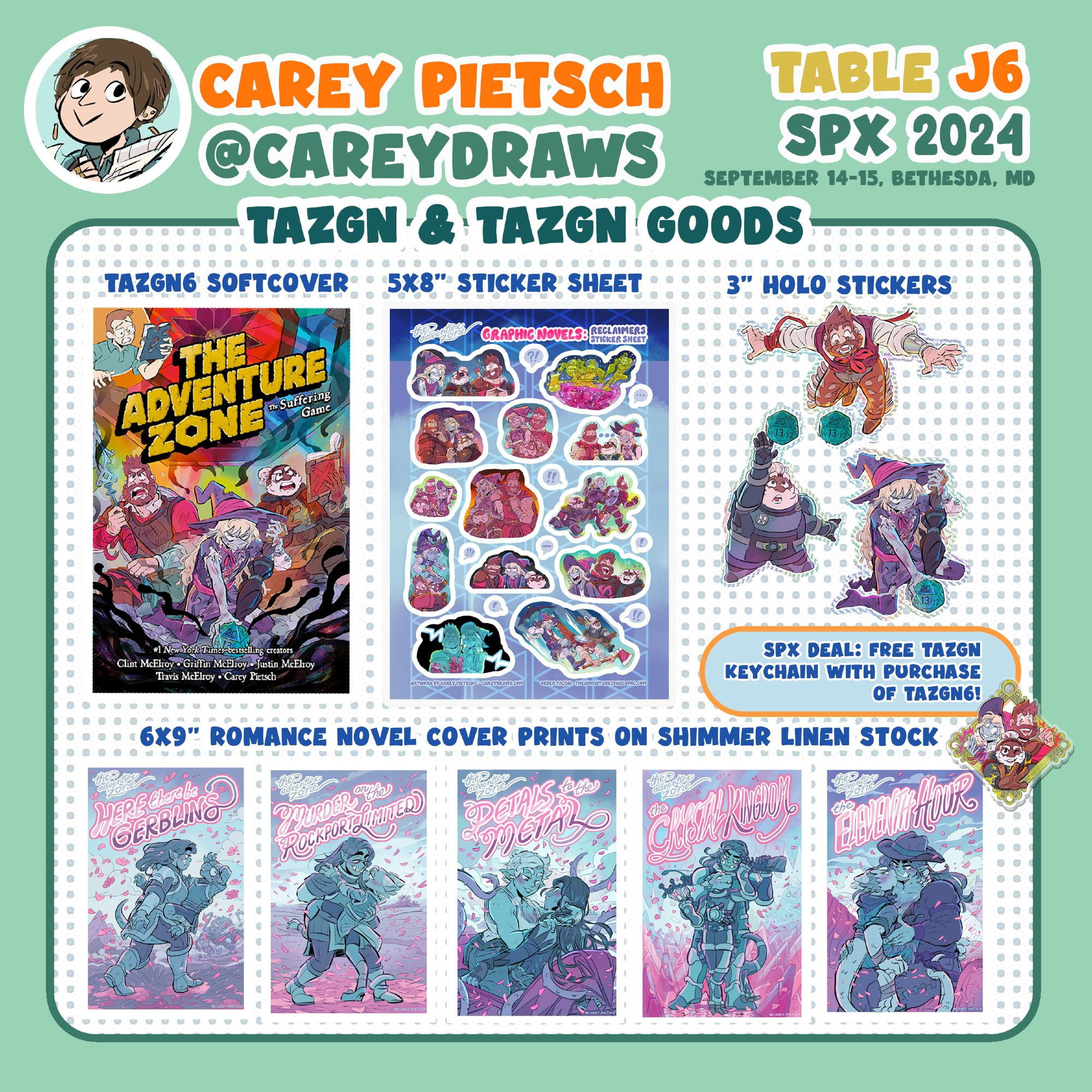 Con table menu for Carey Pietsch at SPX 2024: TAZGN, sticker sheets, & prints.