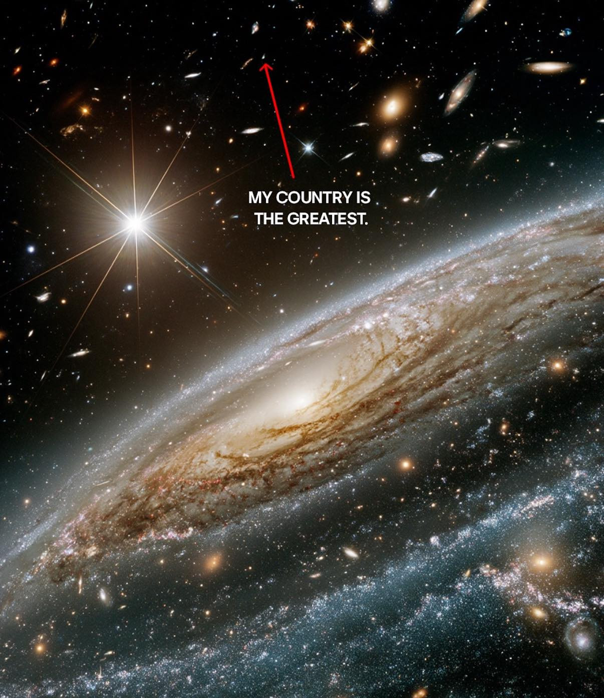 A Hubble space image of a spiral galaxy surrounded by stars and galaxies. Toward the top, a red arrow points to a small speck of light with the caption “MY COUNTRY IS THE GREATEST.”