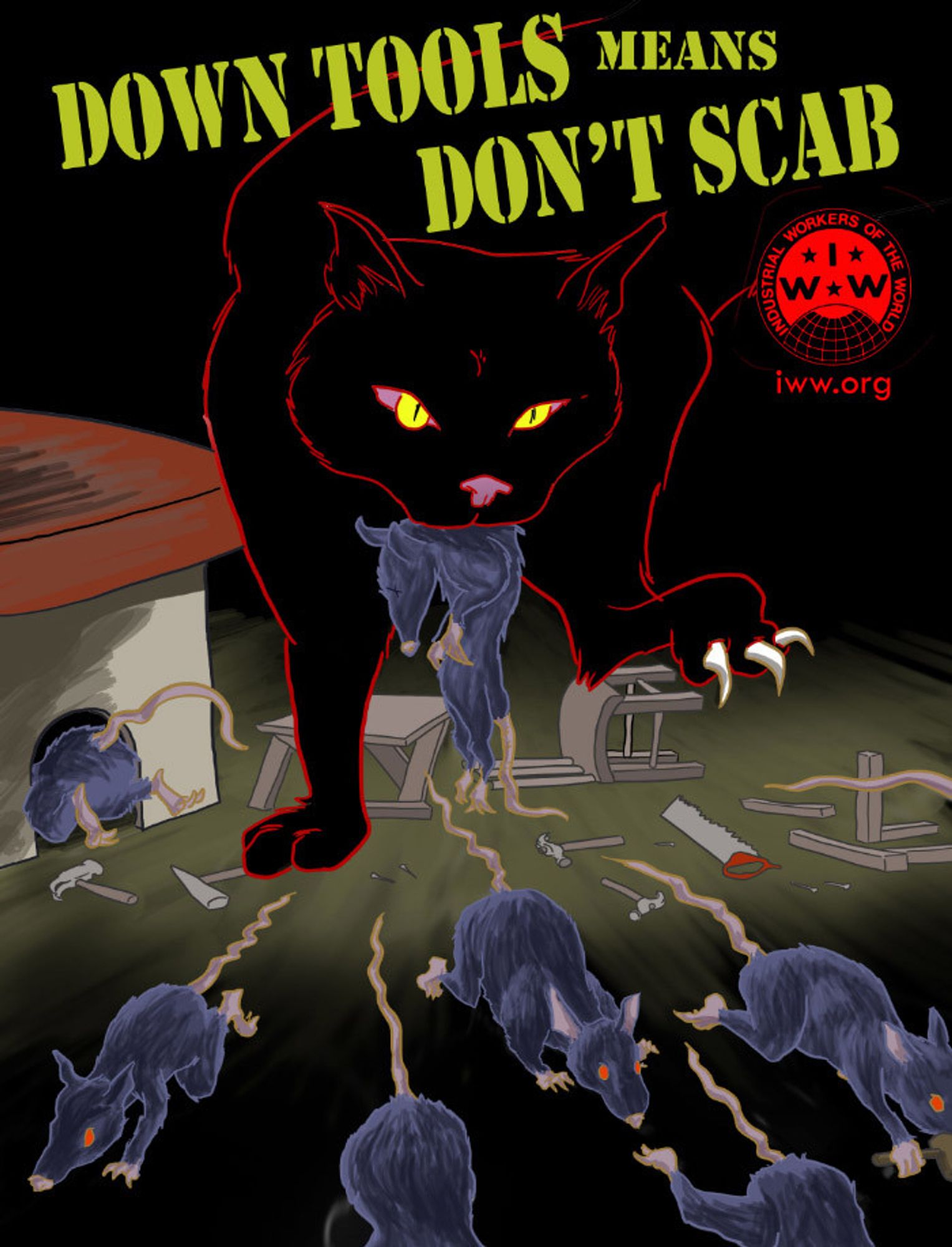 The black "sabo cat" mascot of the IWW attacking rats, who were scabbing by working during a strike