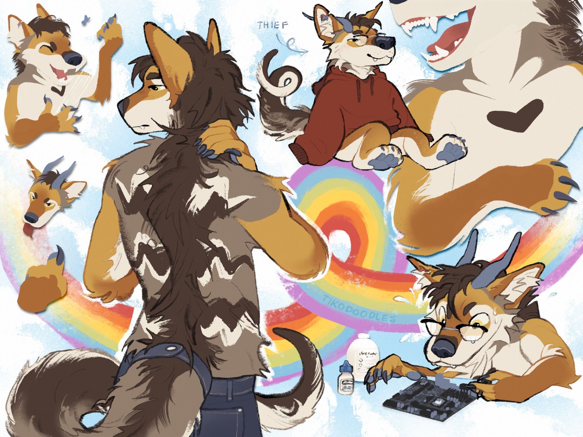 Various doodles of a coyote dragon, with a looping rainbow in the background. For @dragonache.bsky.social