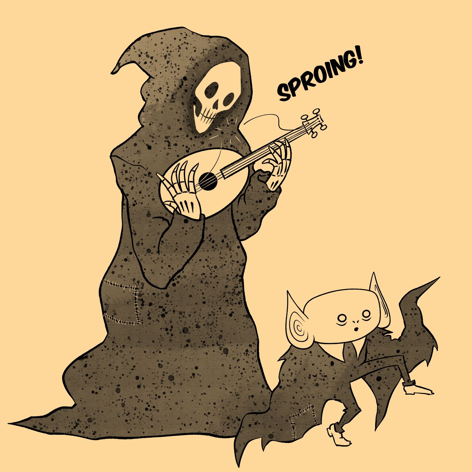 Batboy is surprised as a sneaky Grim Reaper accidentally breaks a string on his mandolin. It goes “SPROING!”