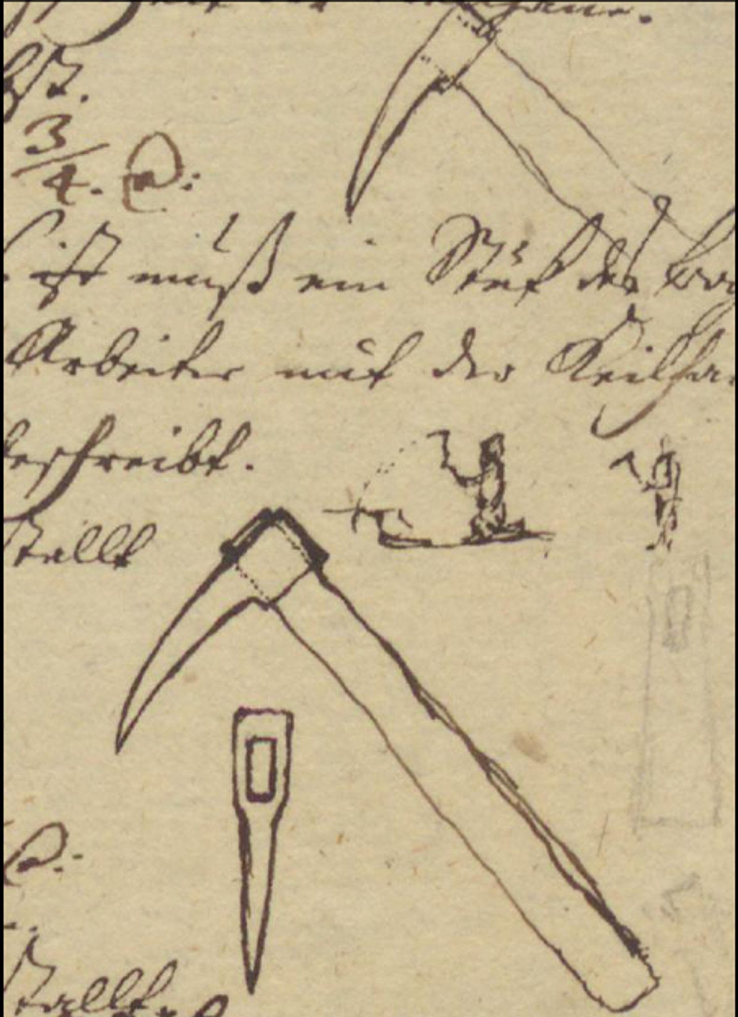 section of a page covered in historical script and doodles of tools and miners. Source: Abraham Gottlob Werners papers UB TU Freiberg