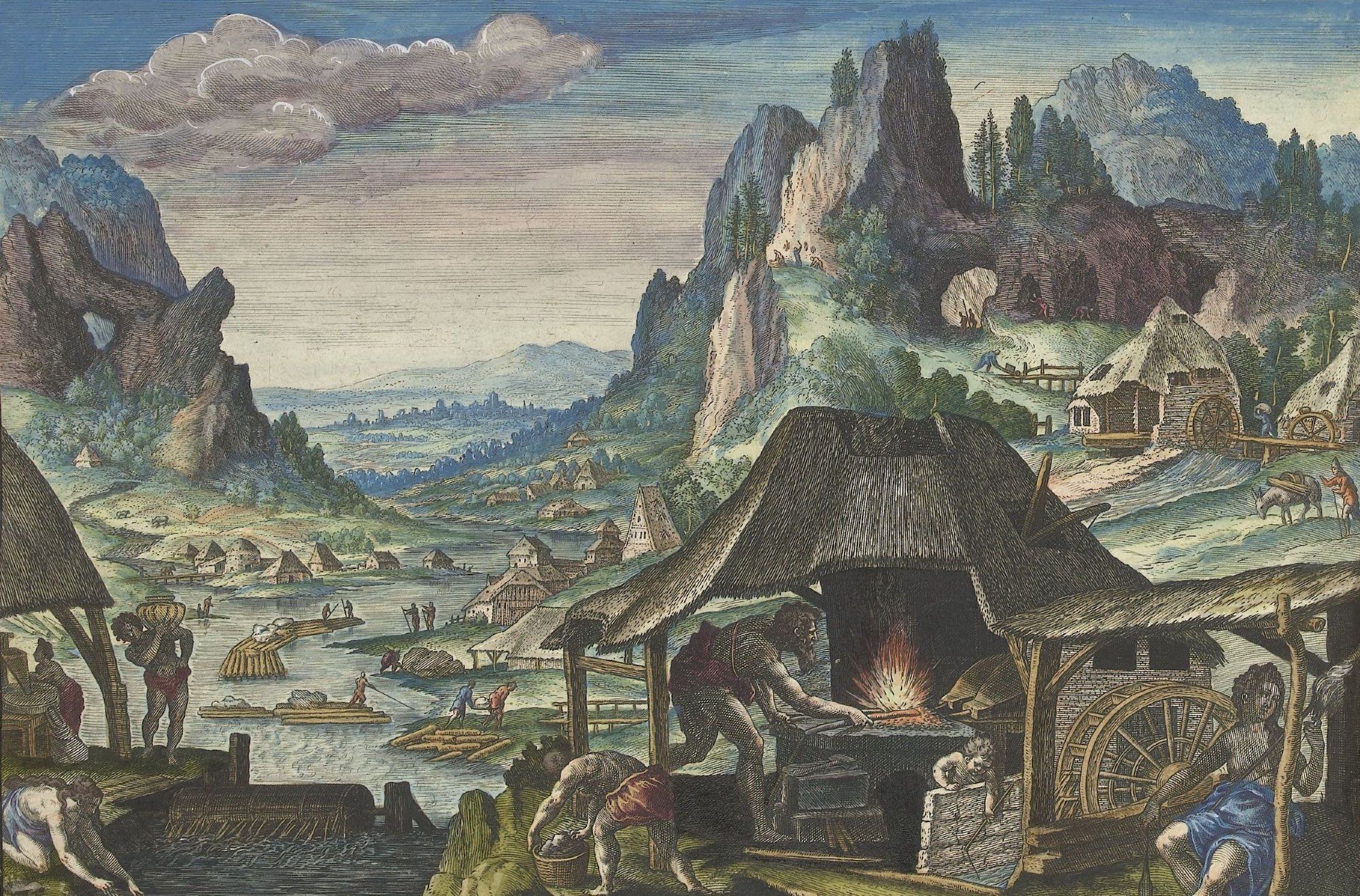 Tubal-Cain, the progenitor of all who work bronze and iron, in his smithy. On the right, his sister Naäma spinning yarn. The scene is set in a rocky landscape. A river runs through the landscape. This print is part of an album. Source: Tubal-Cain in his forge, Johann Sadeler (I), after Maerten de Vos, 1583 (Rijksmuseum Amsterdam, Public Domain)