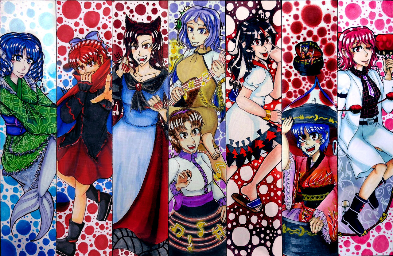 Touhou spread of Double Dealing Characters with markers, circa December 2022 
From left to right:
1st box: Wakasagihime
2nd box: Sekibanki
3rd box: Imaizumi Kagerou
4th box: Tsukumo Benten on the upper part and Yatsuhashi on the lower part
5th box: Kijin Seija
6th box: Sukuna Shinmyoumaru with both canon size and zooming in
7th and last box: Horikawa Raikou