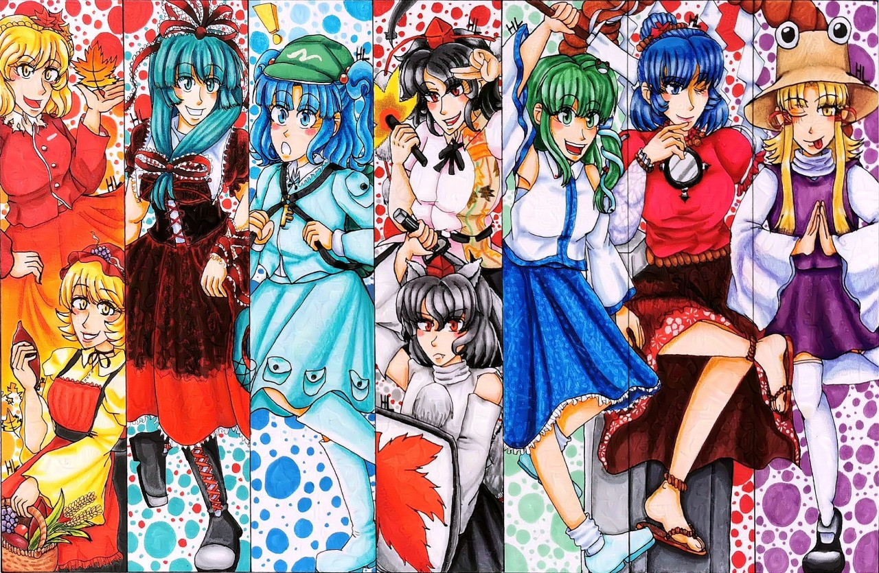 Touhou spread of Mountain of Faith with markers, circa September 2023
From left to right:
1st box: Aki Shizuha and Minoriko
2nd box: Kagiyama Hina
3rd box: Kawashiro Nitori
4th box: Shameimaru Aya and Inubashiri Momiji
5th box: Kochiya Sanae
6th box: Yasaka Kanako
7th and last box: Moriya Suwako
The last three boxes look like one hole box with two lines separating Kanako from the other two