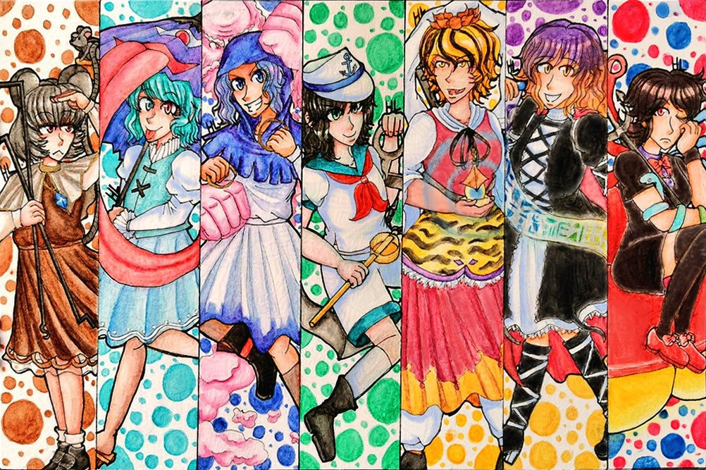 Touhou spread of Undefined Fantastic Object with watercolours, circa June 2022
From left to right:
1st box: Nazrin
2nd box: Tatara Kogasa
3rd box: Kumoi Ichirin with Unzan at the back
4th box: Minamitsu Murasa
5th box: Toramaru Shou
6th box: Hijiri Byakuren
7th and last box: Houjuu Nue