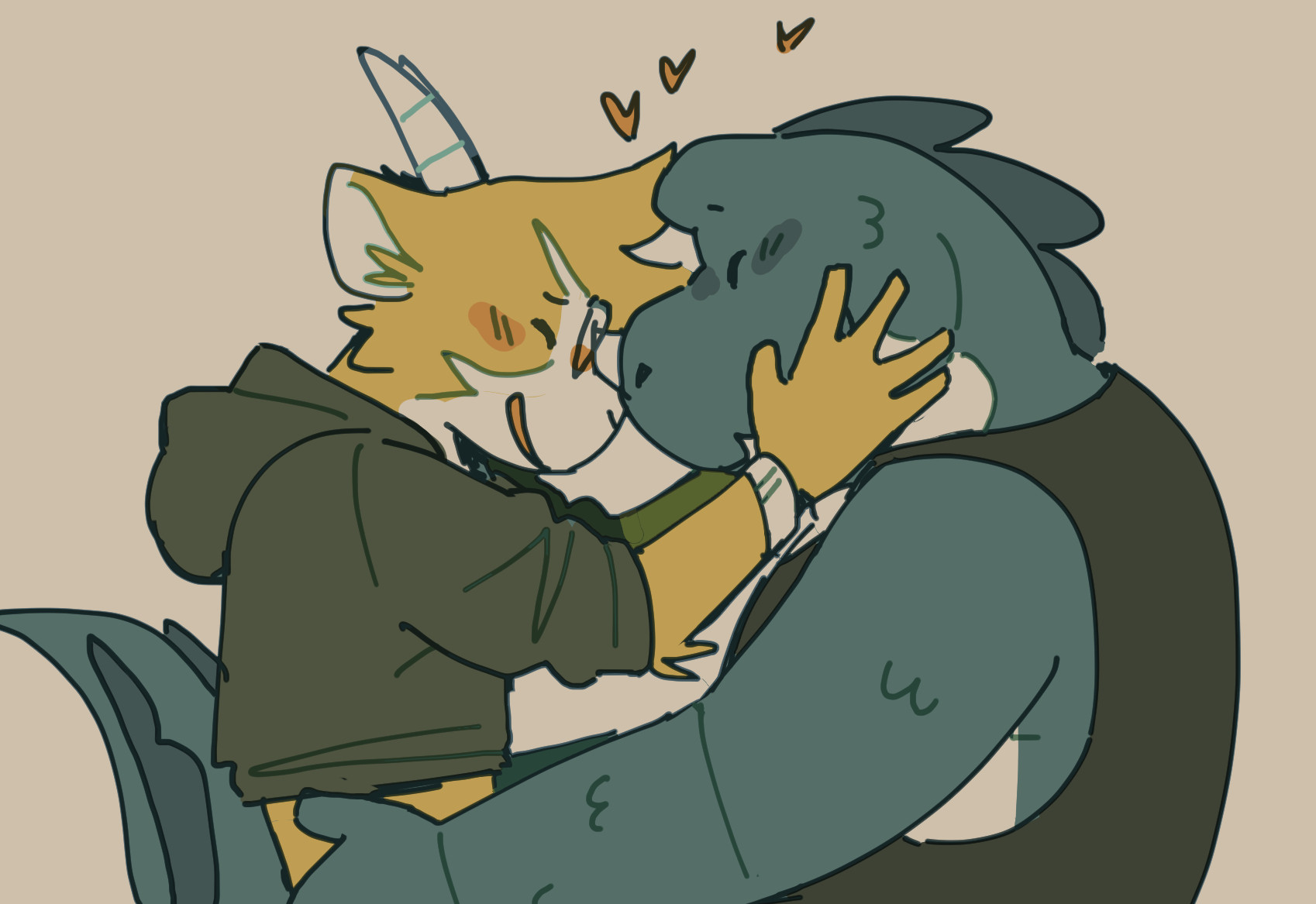 A series of colored cutesy sketches of an anthropomorphic goat and crocodile couple embracing, kissing, and cuddling.