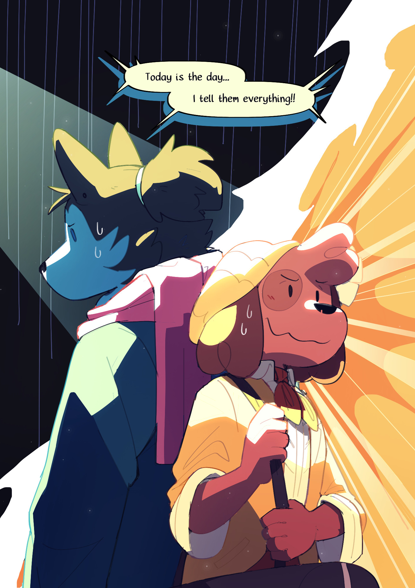 Page 12 : 
A digital comic page featuring colorful, anthropomorphic animals.
A full page drawing of Kip and Mason, back to back, both looking nervous. The background dramatically splits between Mason's dark, unsettling blue, and Kip's bright, hopeful yellow-orange.
Kip and Mason, together : "Today is the day... I tell them everything!!"