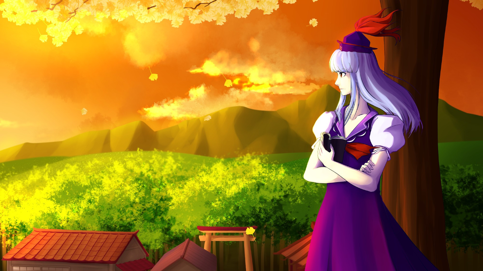 Keine Kamishirasawa from touhou at sunset