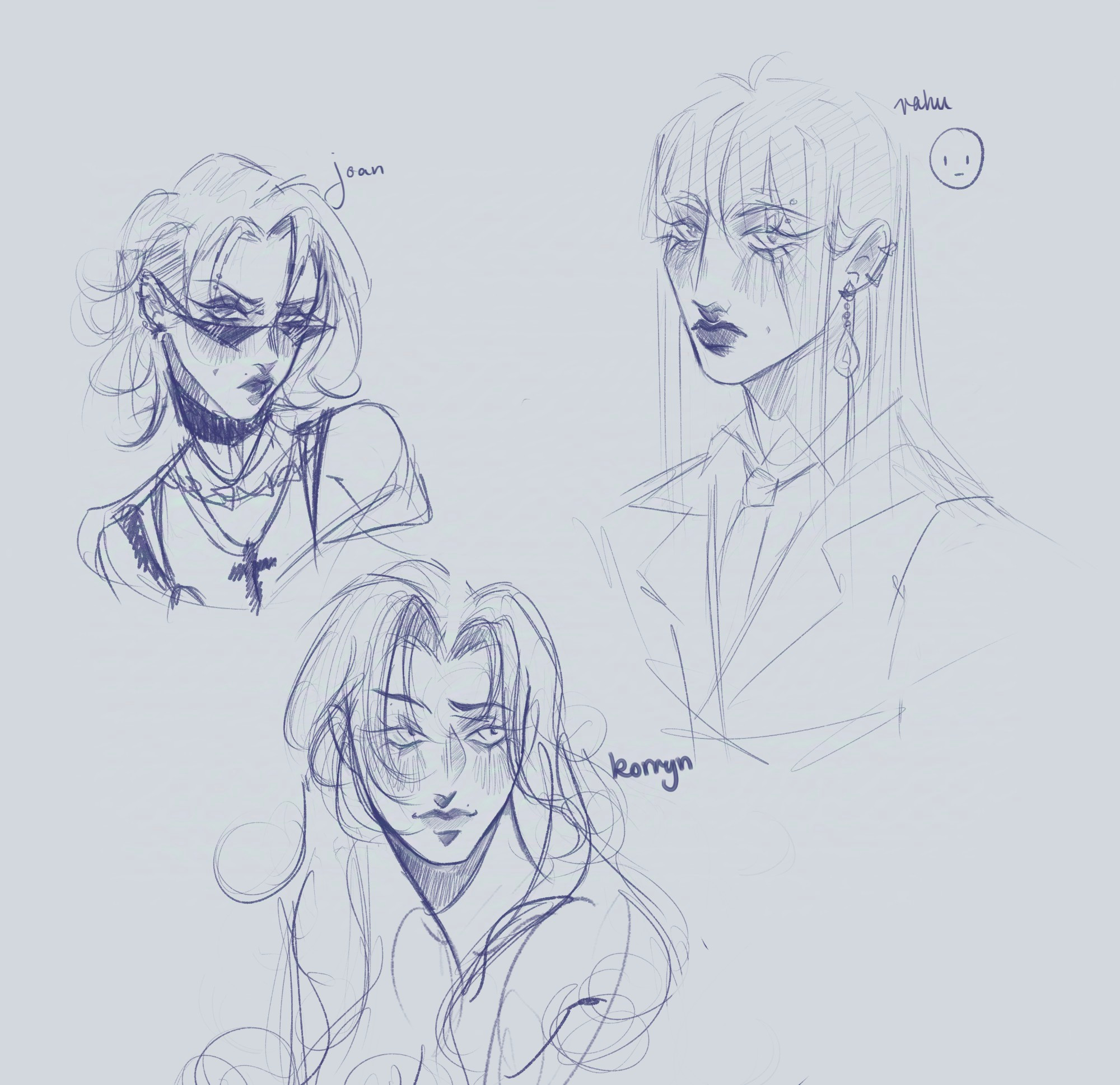 portrait sketches of path to nowhere characters rahu, joan and korryn