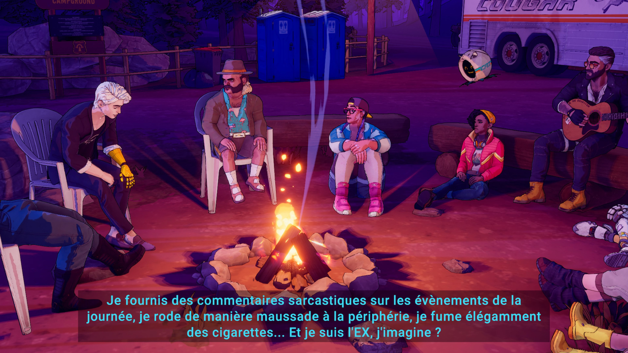 Le groupe fait une pause autour d'un feu de camp. Noam résume son rôle dans l'équipe "Je fournis des commentaires sarcastiques sur les événements de la journée, je rode de manière maussade à la périphérie, je fume élégamment des cigarettes... Et je suis l'EX, j'imagine ?"