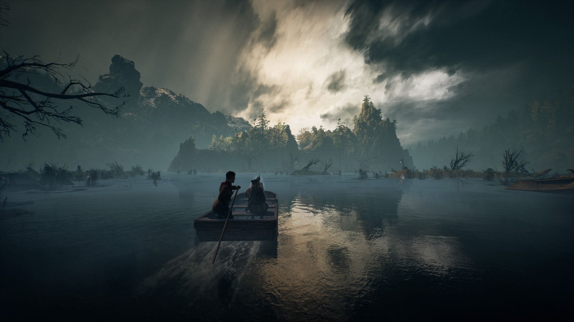 Un lac, une île au relief découpée dans le fond, avec un ciel menaçant clair-obscur derrière, une barque avec trois personnes au premier plan.