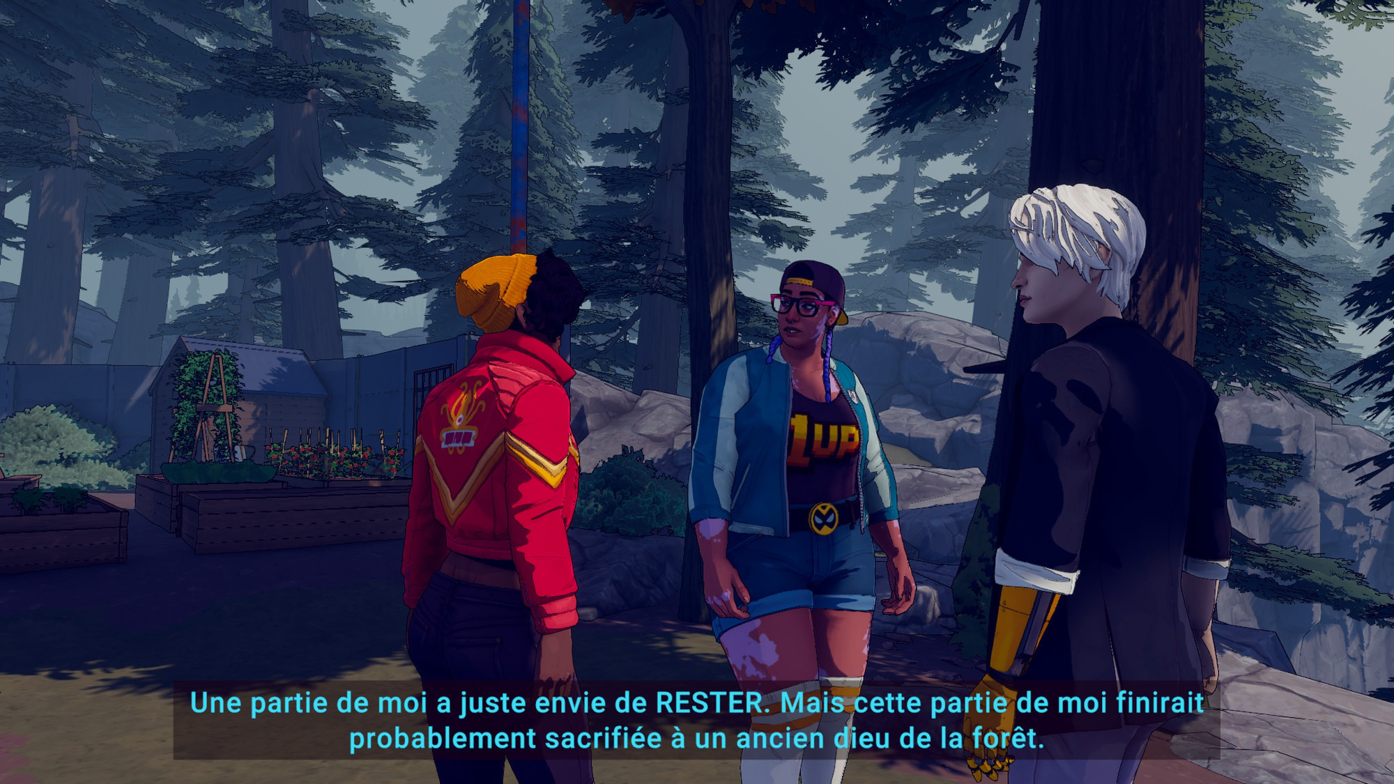 On s'arrête dans un charmant patelin boisé, qui inspire à Saï la réflexion suivante : "Une partie de moi a juste envie de RESTER. Mais cette partie de moi finirait probablement sacrifiée à un ancien dieu de la forêt".