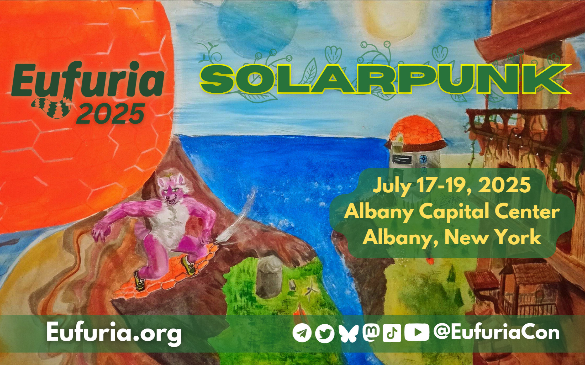 Joy the purple raccoon riding a solar surfboard across a green futuristic coastal landscape. Eufuria 2025 - Solarpunk - July 17-19, 2025 - Albany Capital Center - Albany, New York. Link to Eufuria.org website and @EufuriaCon on TElegram, Twitter, Bluesky, Mastodon, TikTok, and Youtube.