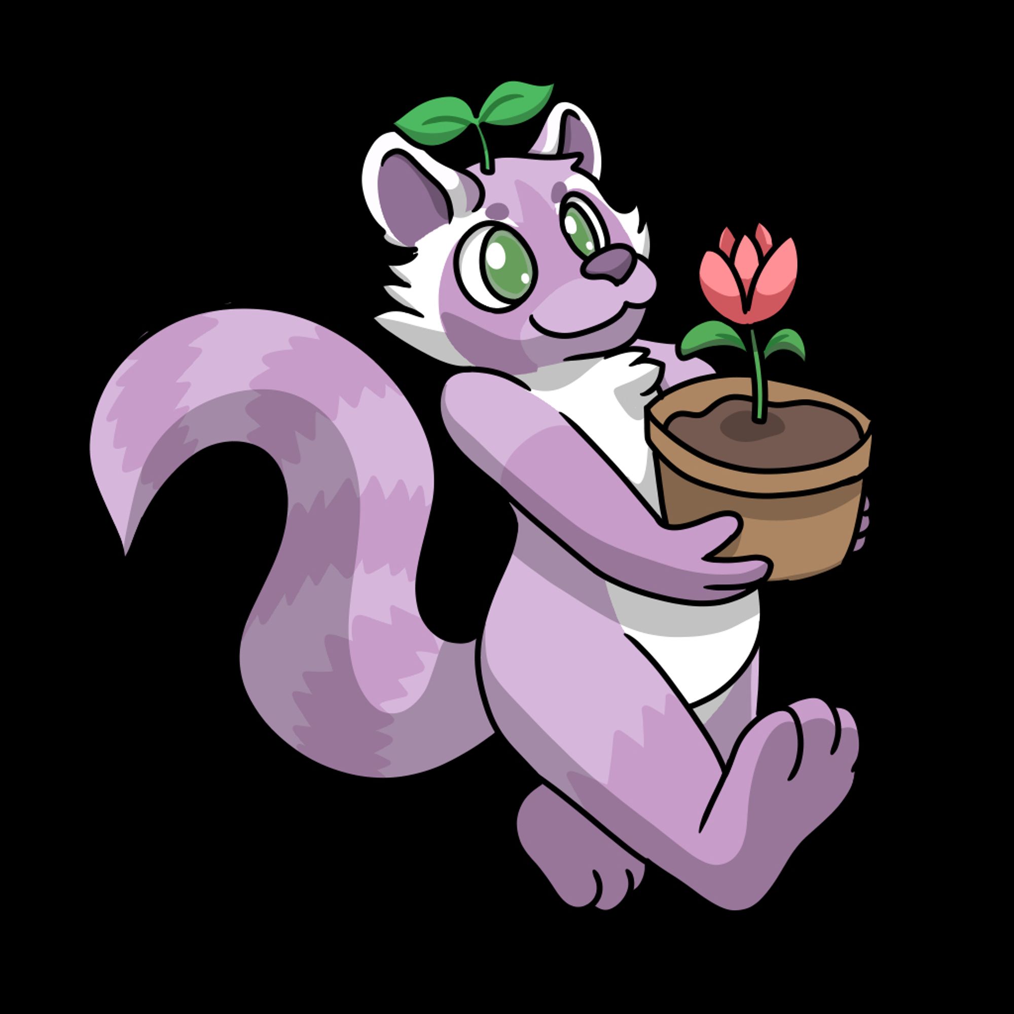 Joy the raccoon carrying a flower pot.