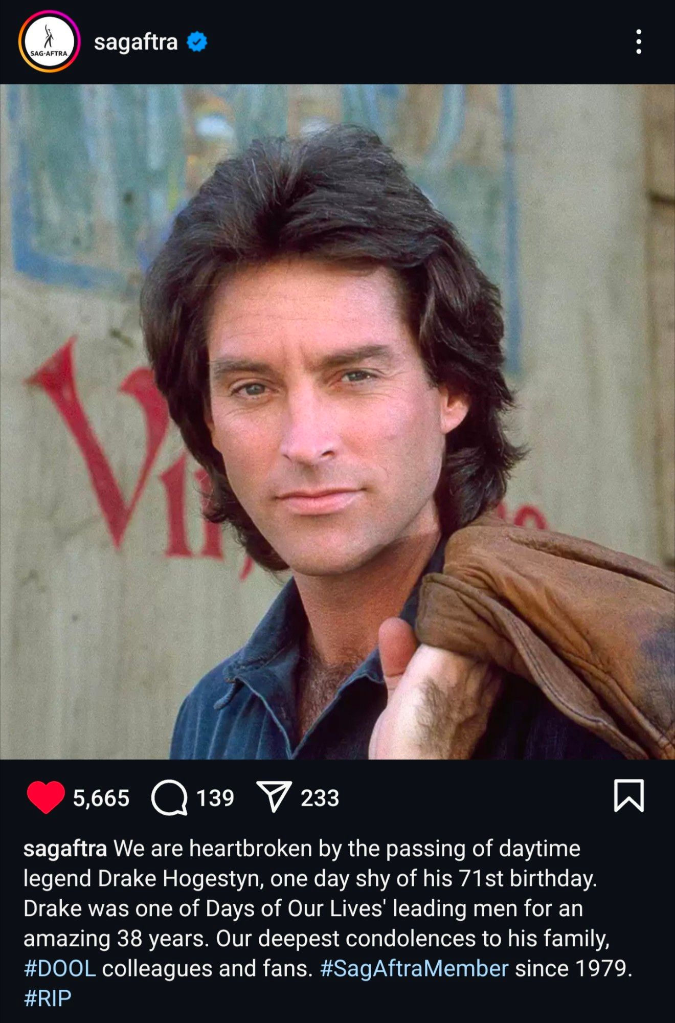 SAGAFTRA IG post announcing the death of Drake Hogestyn, aka John Black from Days Of Our Lives