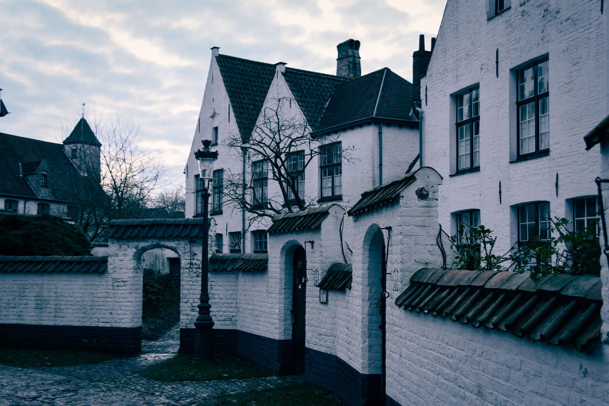 A lamppost on a cobbled street; old white brick houses with entrance gates at dusk.