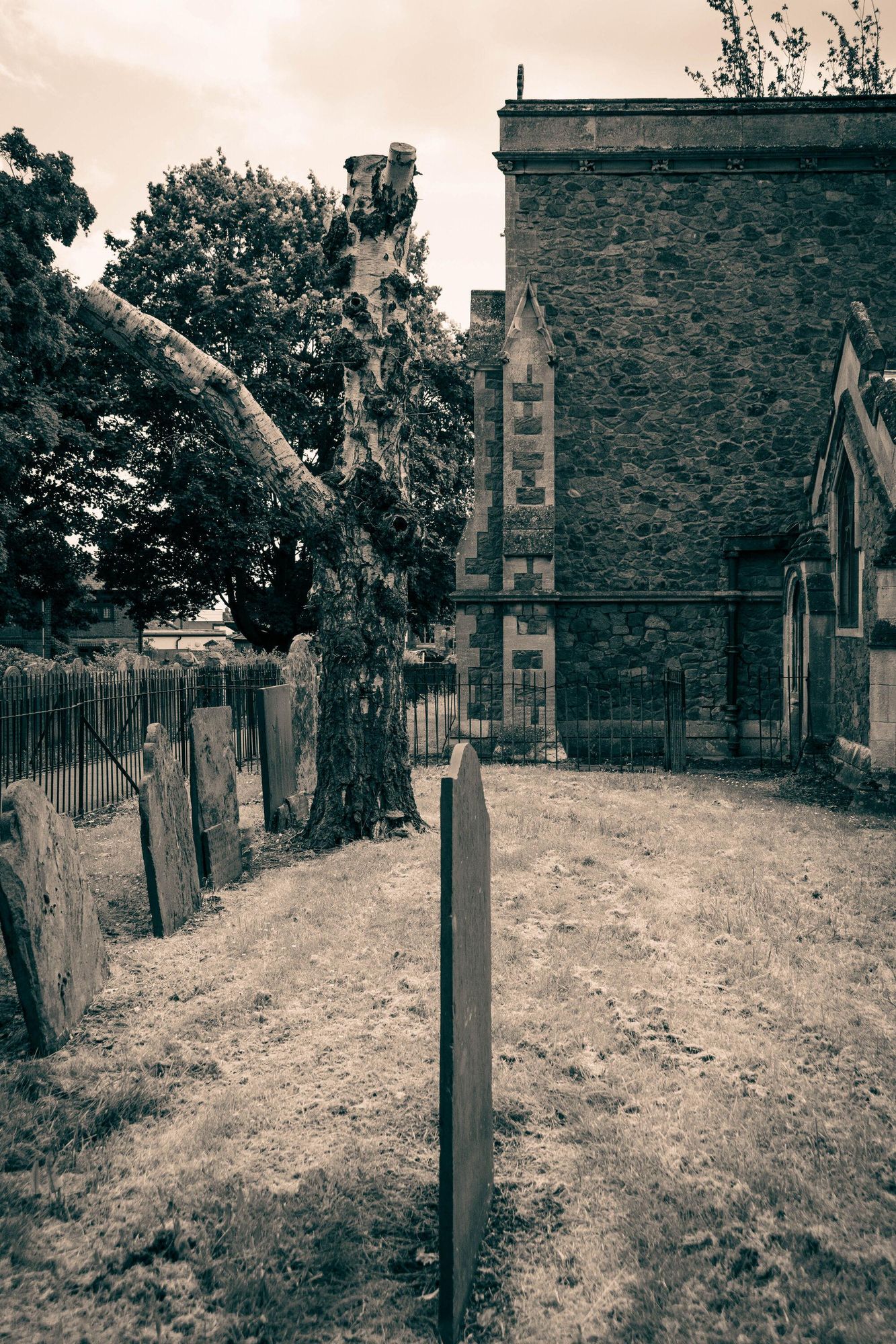 Some gravestones in the foreground, a tree, and the side of the church.