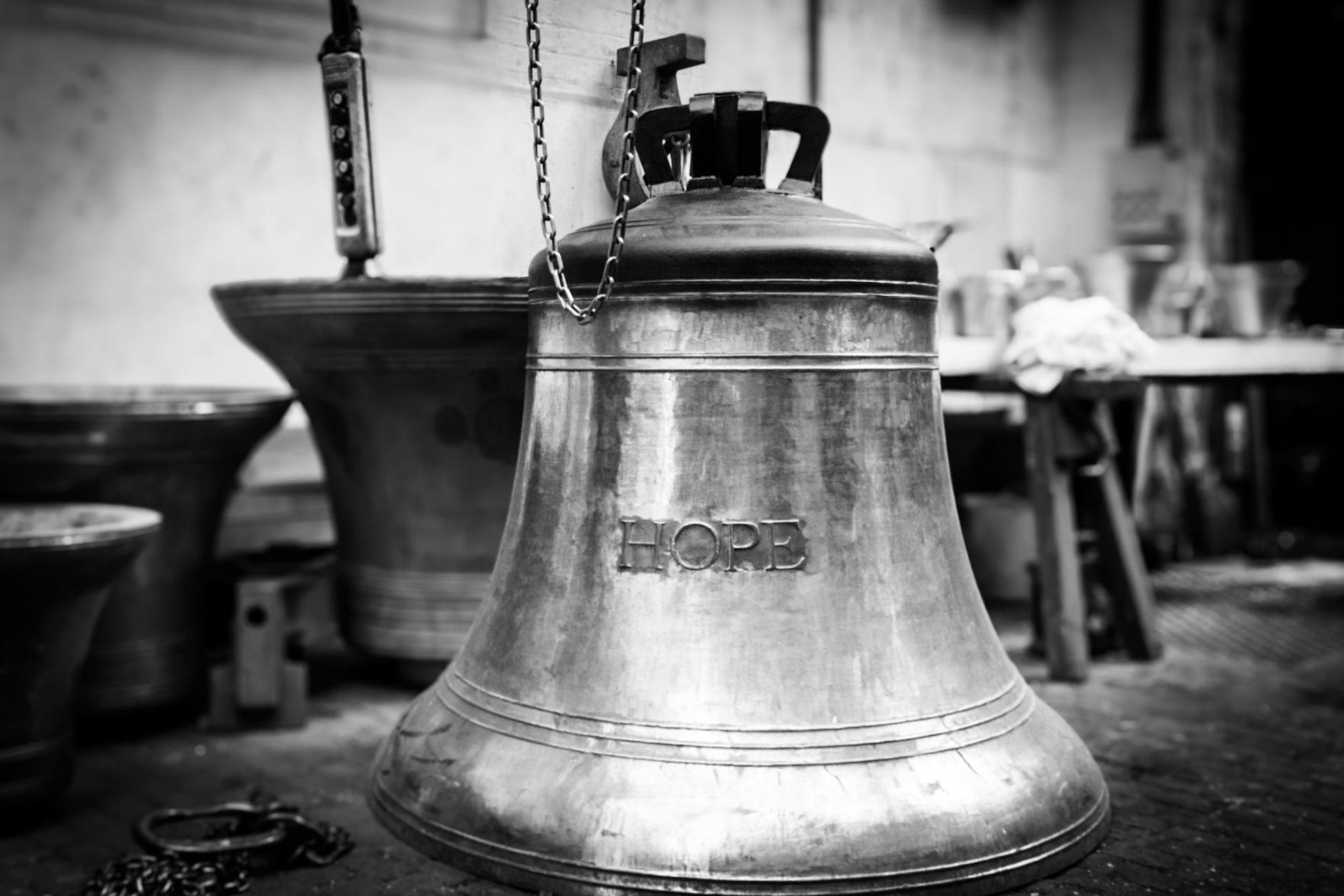 Hope bell in the tuning worskhop; other bells in the background.