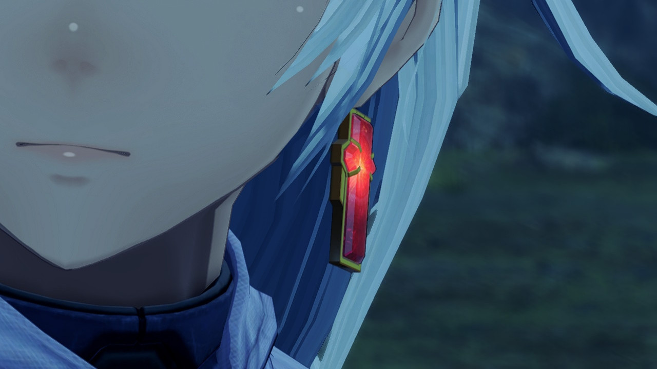 screenshot of the Nintendo Switch RPG Xenoblade Chronicles 3 : Future Redeemed featuring a close-up of the character A highlighting their lower face and earring